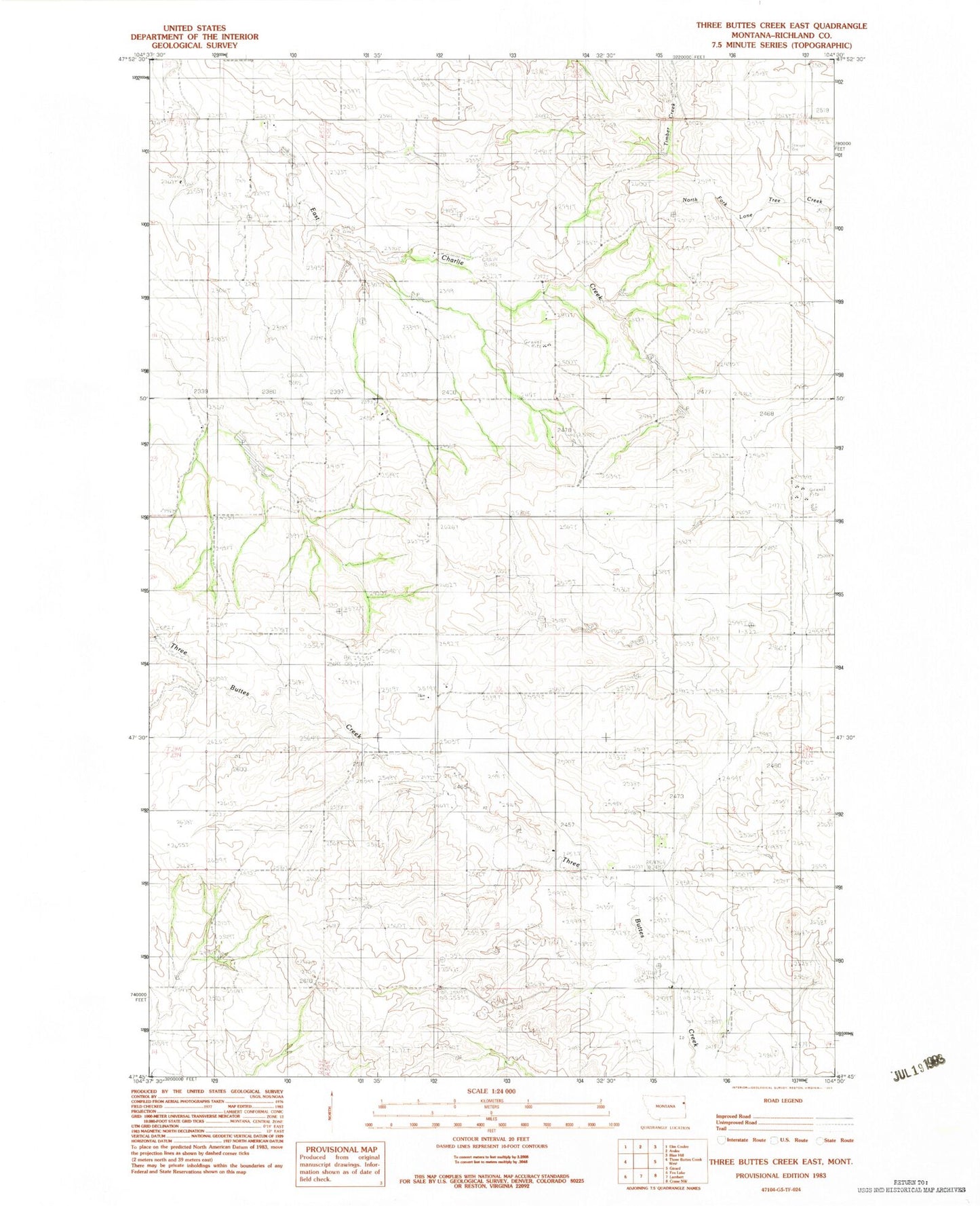 Classic USGS Three Buttes Creek East Montana 7.5'x7.5' Topo Map Image