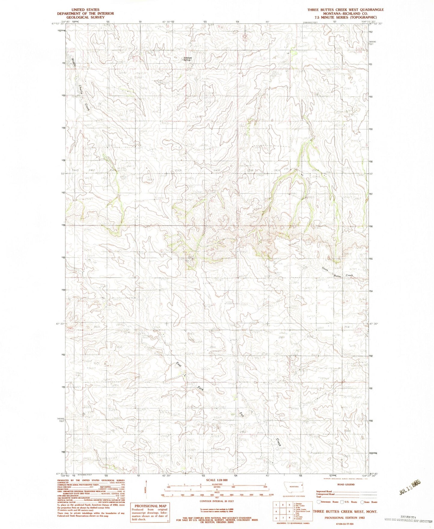 Classic USGS Three Buttes Creek West Montana 7.5'x7.5' Topo Map Image