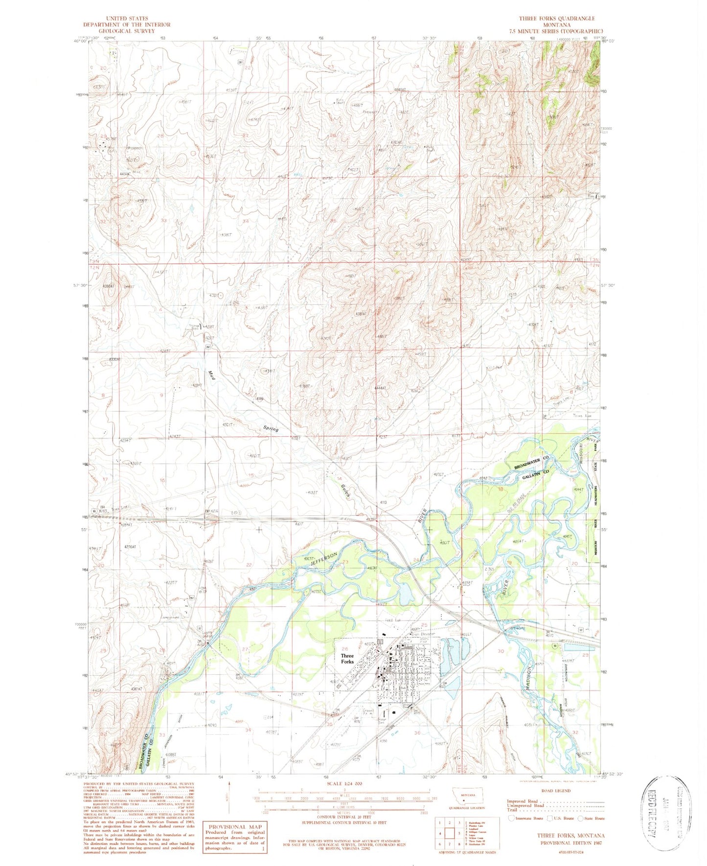 Classic USGS Three Forks Montana 7.5'x7.5' Topo Map Image