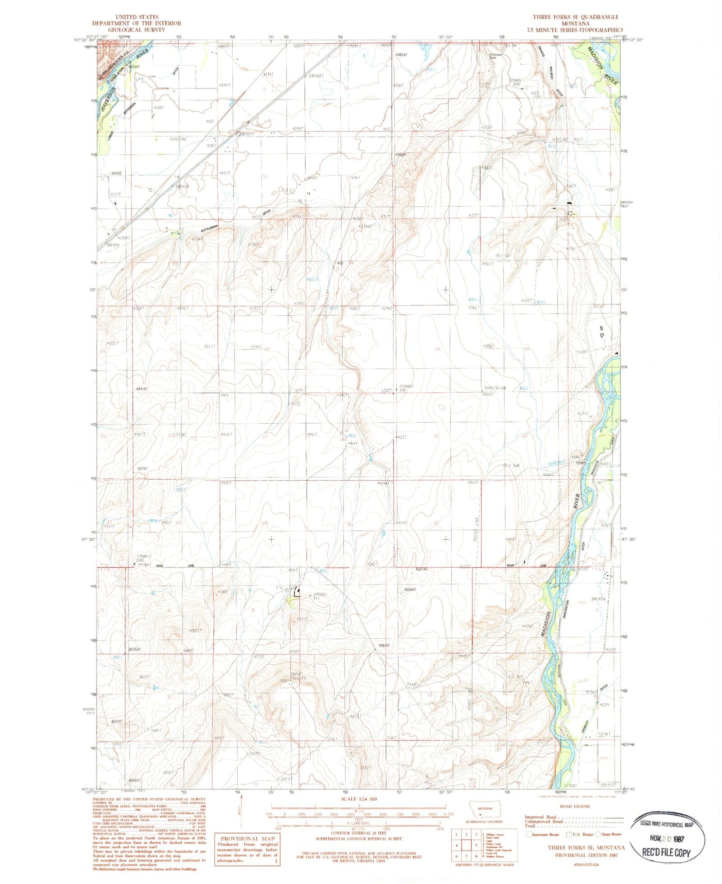 Classic USGS Three Forks SE Montana 7.5'x7.5' Topo Map Image