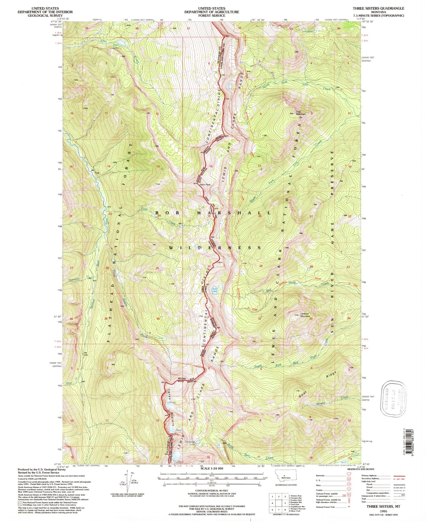 Classic USGS Three Sisters Montana 7.5'x7.5' Topo Map Image