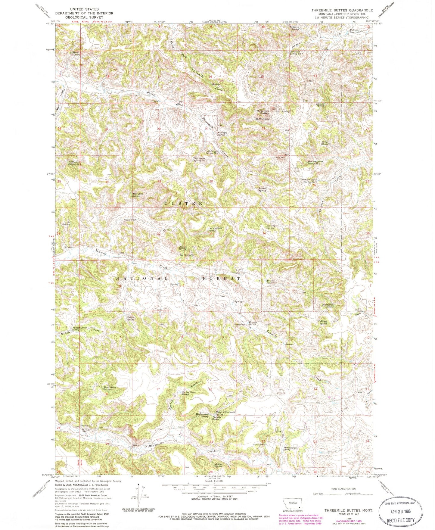 Classic USGS Threemile Buttes Montana 7.5'x7.5' Topo Map Image