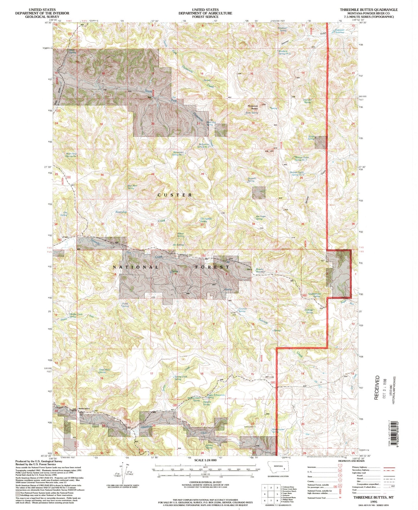 Classic USGS Threemile Buttes Montana 7.5'x7.5' Topo Map Image