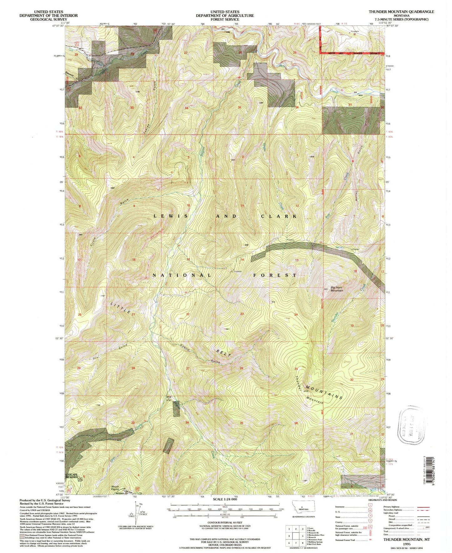 Classic USGS Thunder Mountain Montana 7.5'x7.5' Topo Map Image