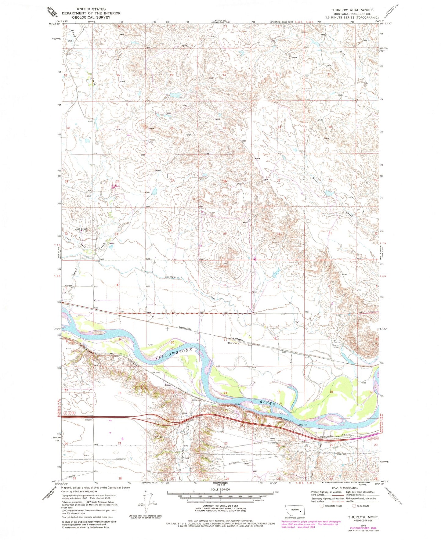 Classic USGS Thurlow Montana 7.5'x7.5' Topo Map Image