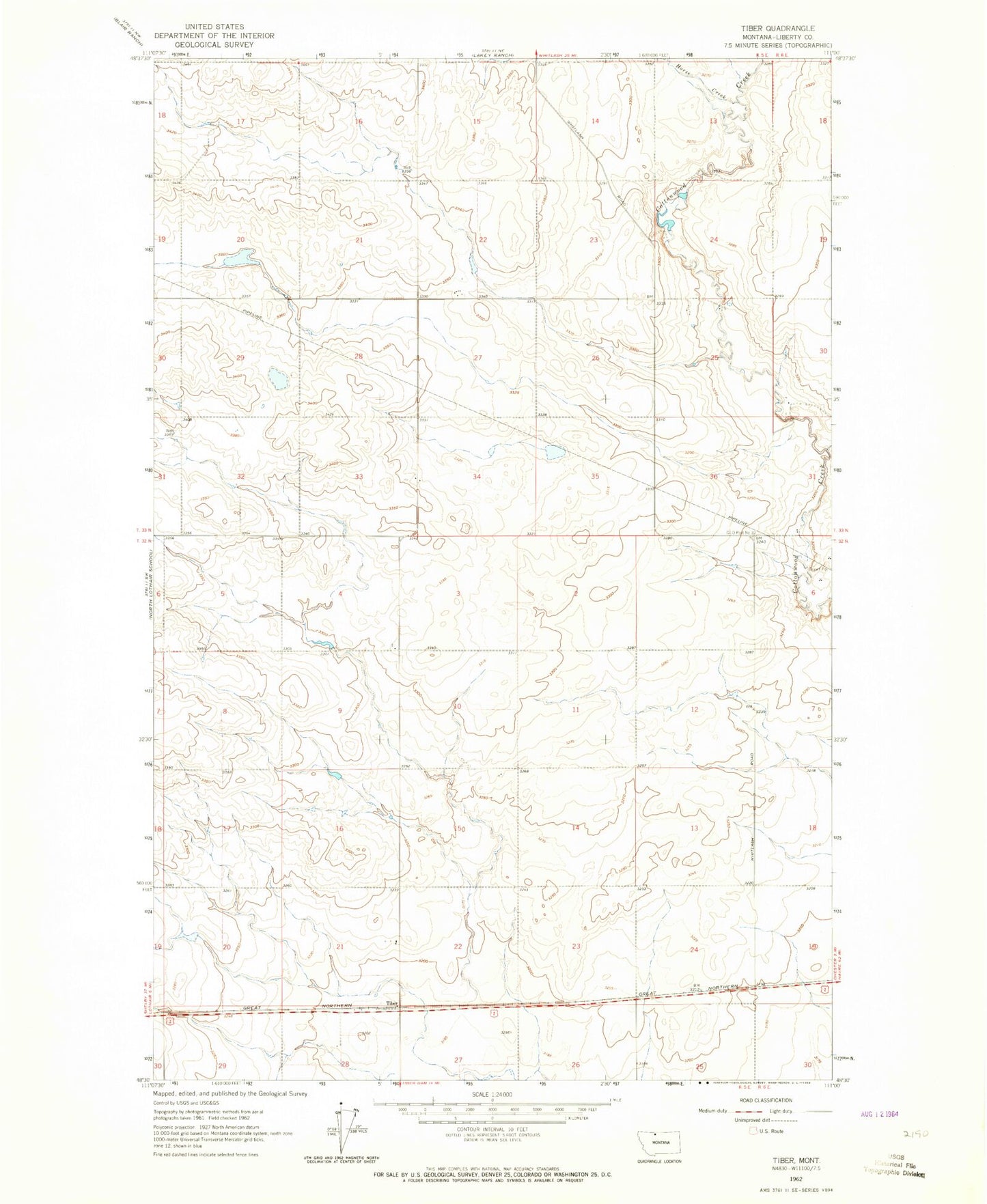 Classic USGS Tiber Montana 7.5'x7.5' Topo Map Image