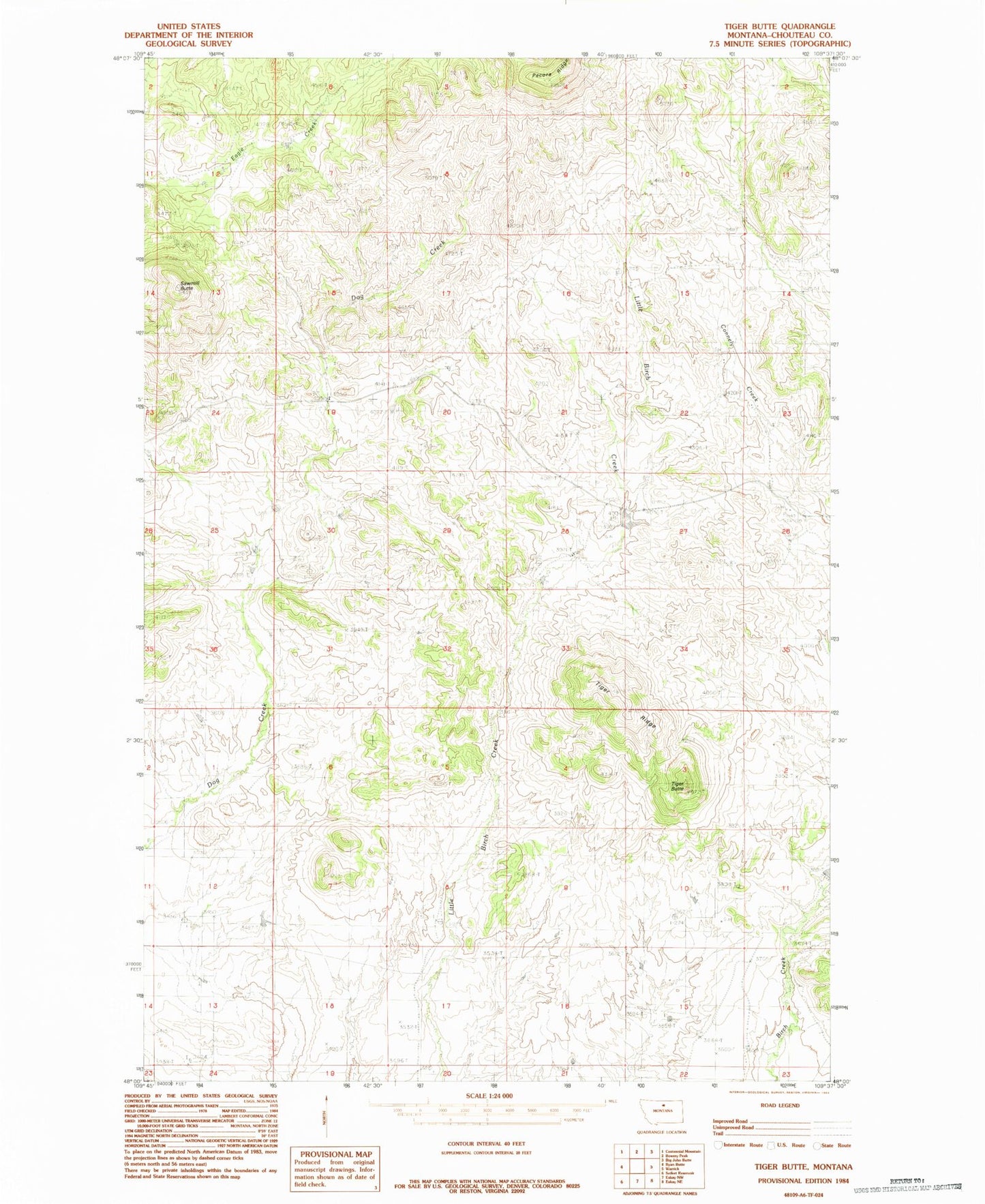 Classic USGS Tiger Butte Montana 7.5'x7.5' Topo Map Image