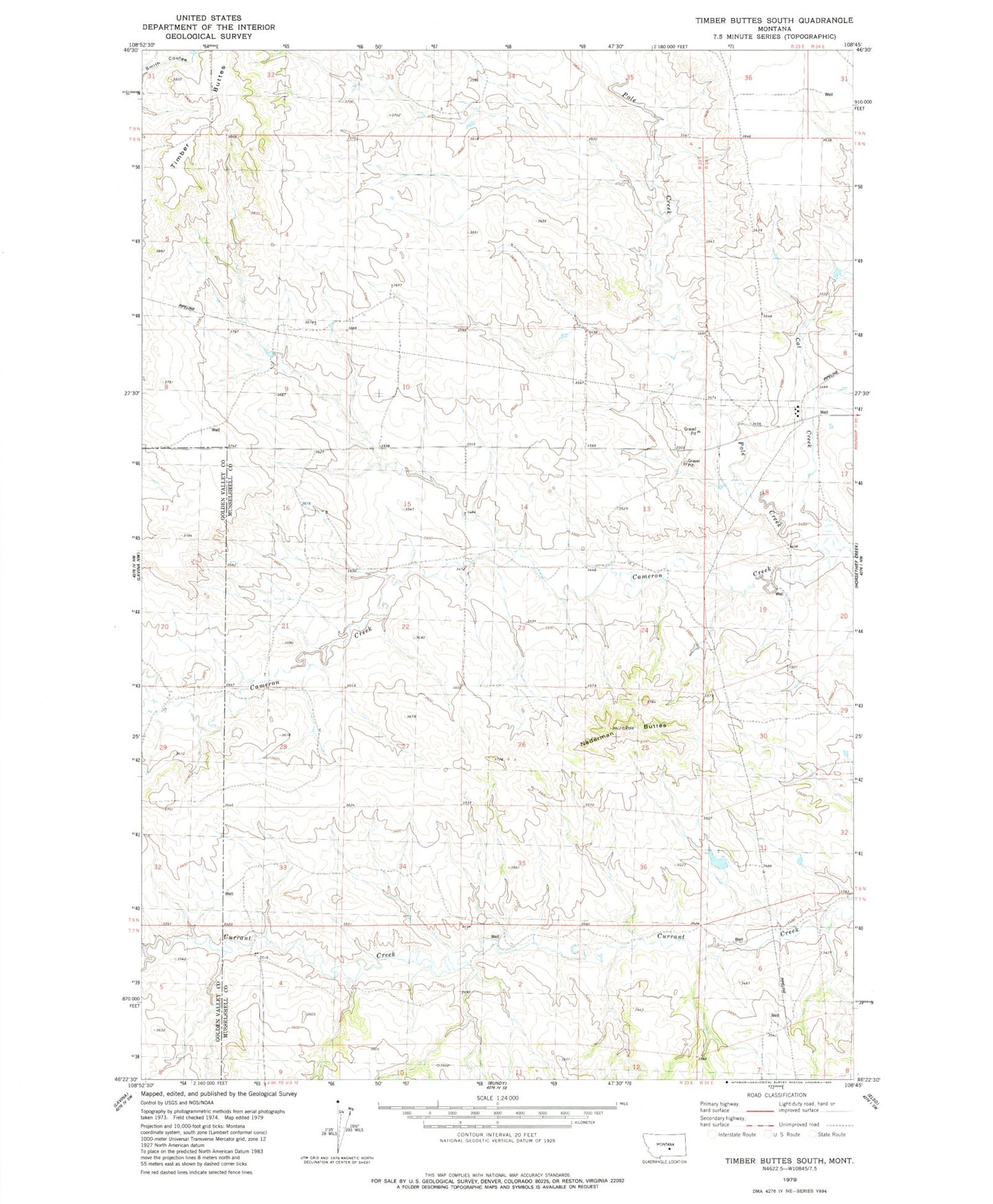 Classic USGS Timber Buttes South Montana 7.5'x7.5' Topo Map Image