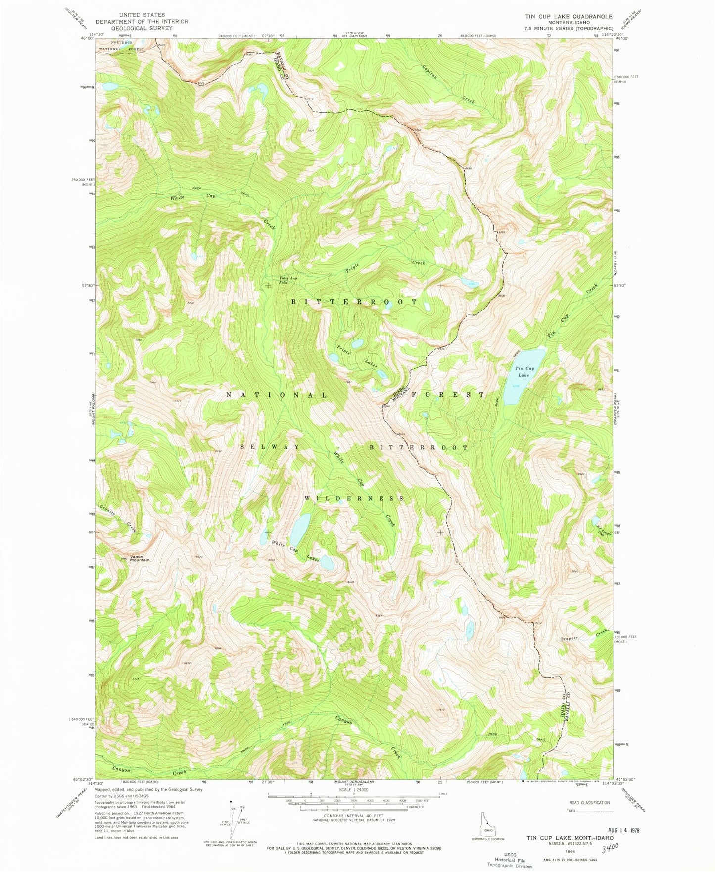 Classic USGS Tin Cup Lake Montana 7.5'x7.5' Topo Map Image