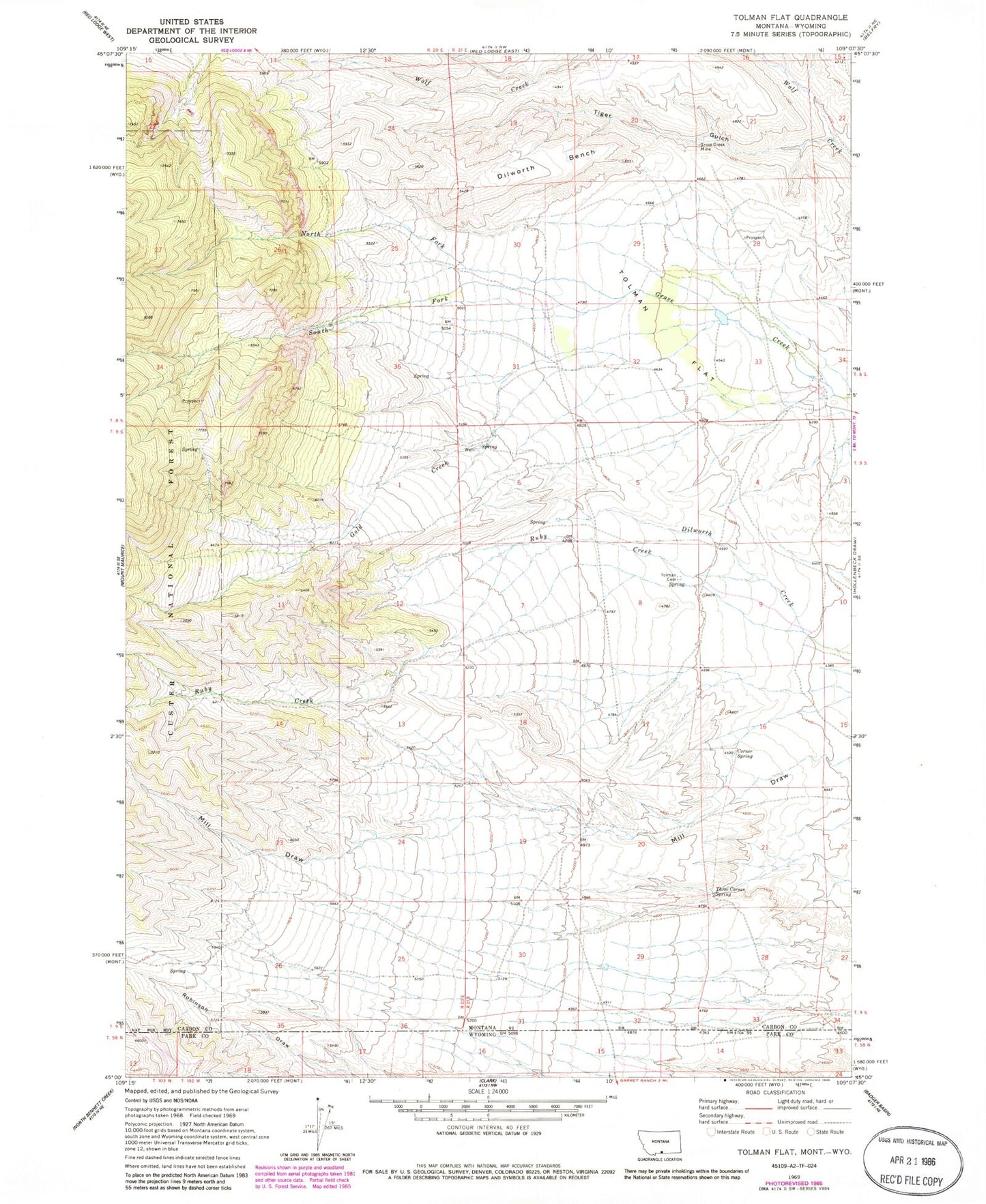 Classic USGS Tolman Flat Montana 7.5'x7.5' Topo Map Image