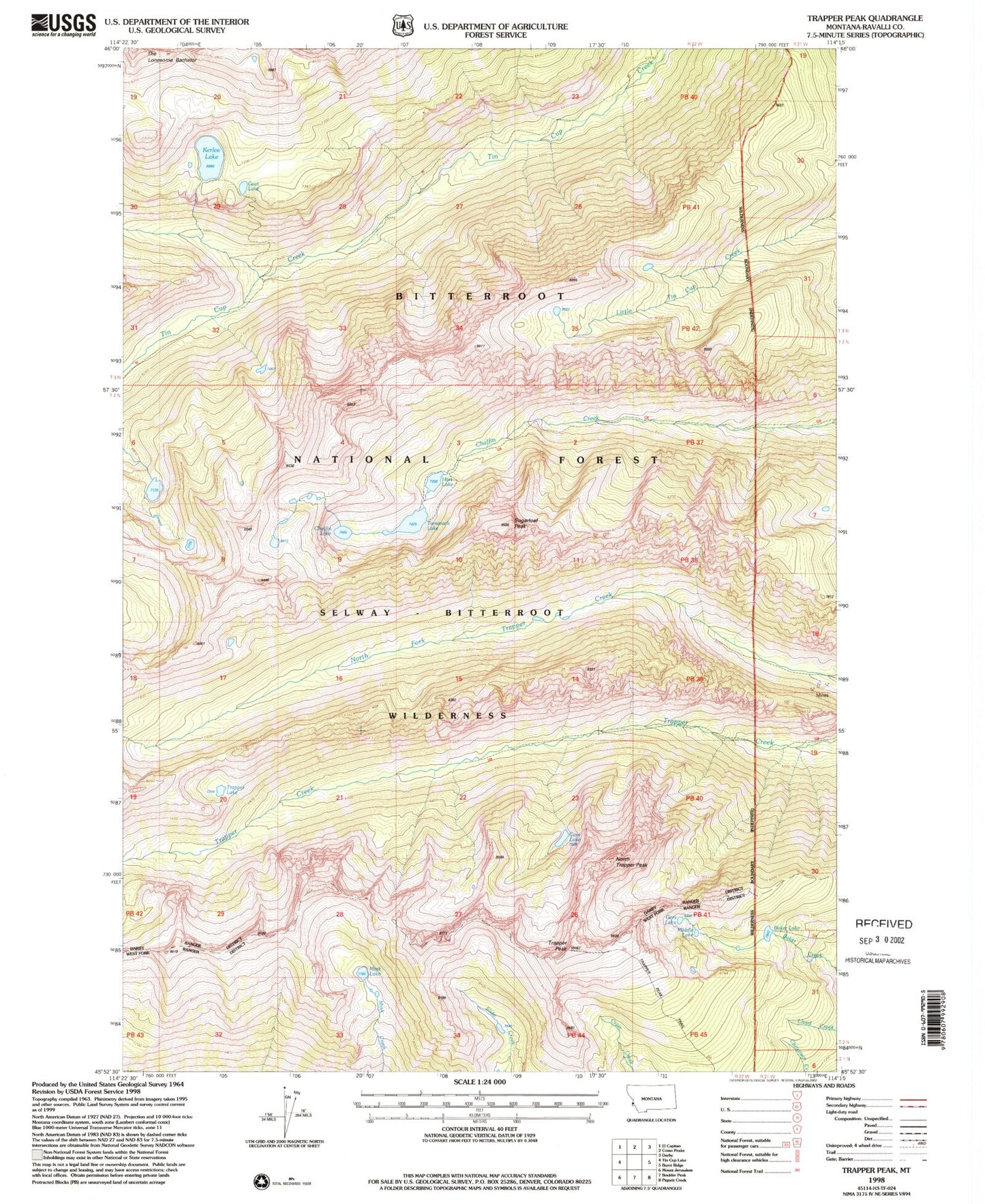 Classic USGS Trapper Peak Montana 7.5'x7.5' Topo Map Image