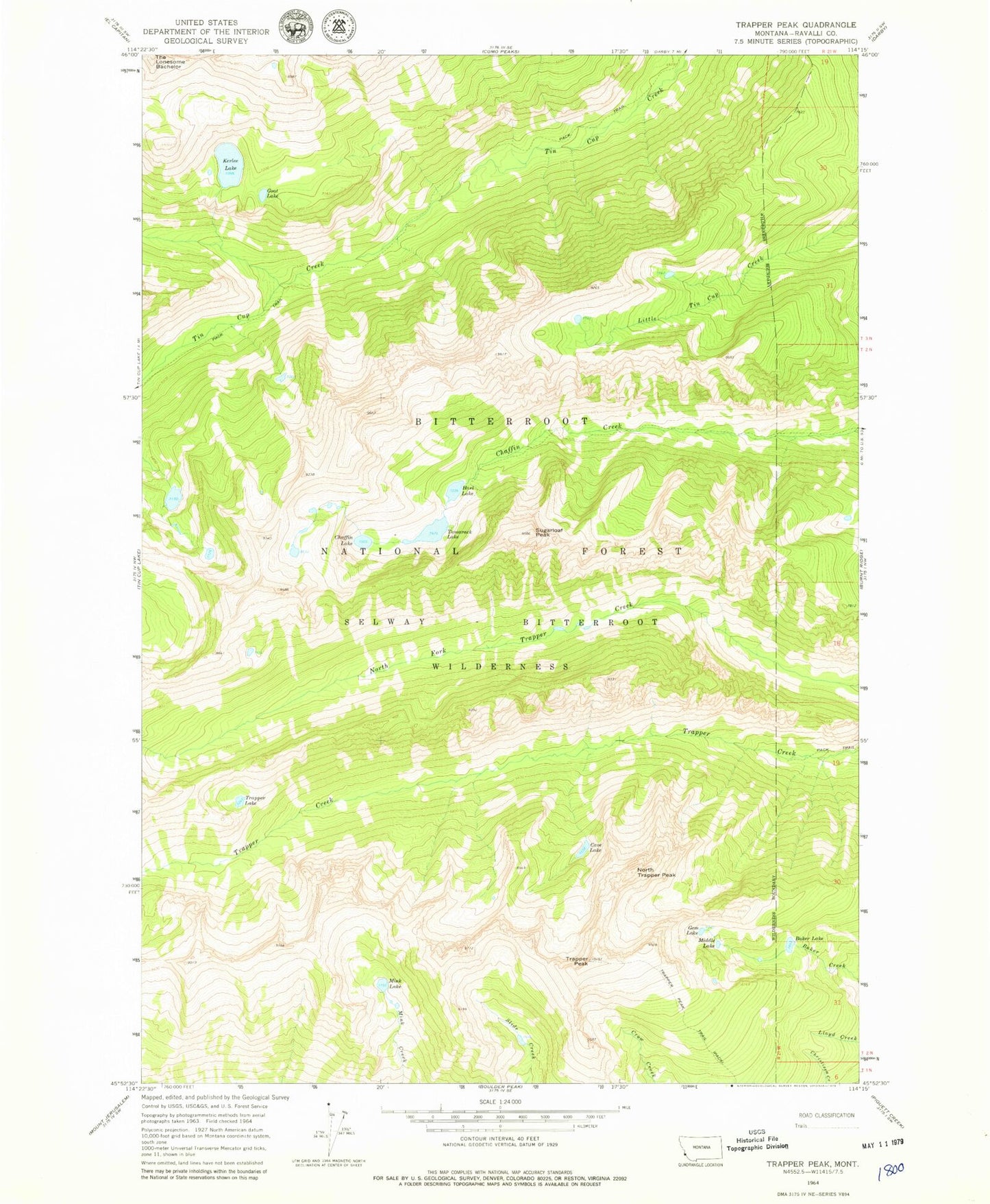 Classic USGS Trapper Peak Montana 7.5'x7.5' Topo Map Image