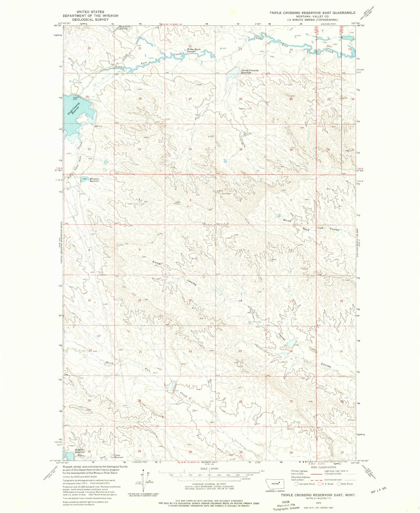 Classic USGS Triple Crossing Reservoir East Montana 7.5'x7.5' Topo Map Image