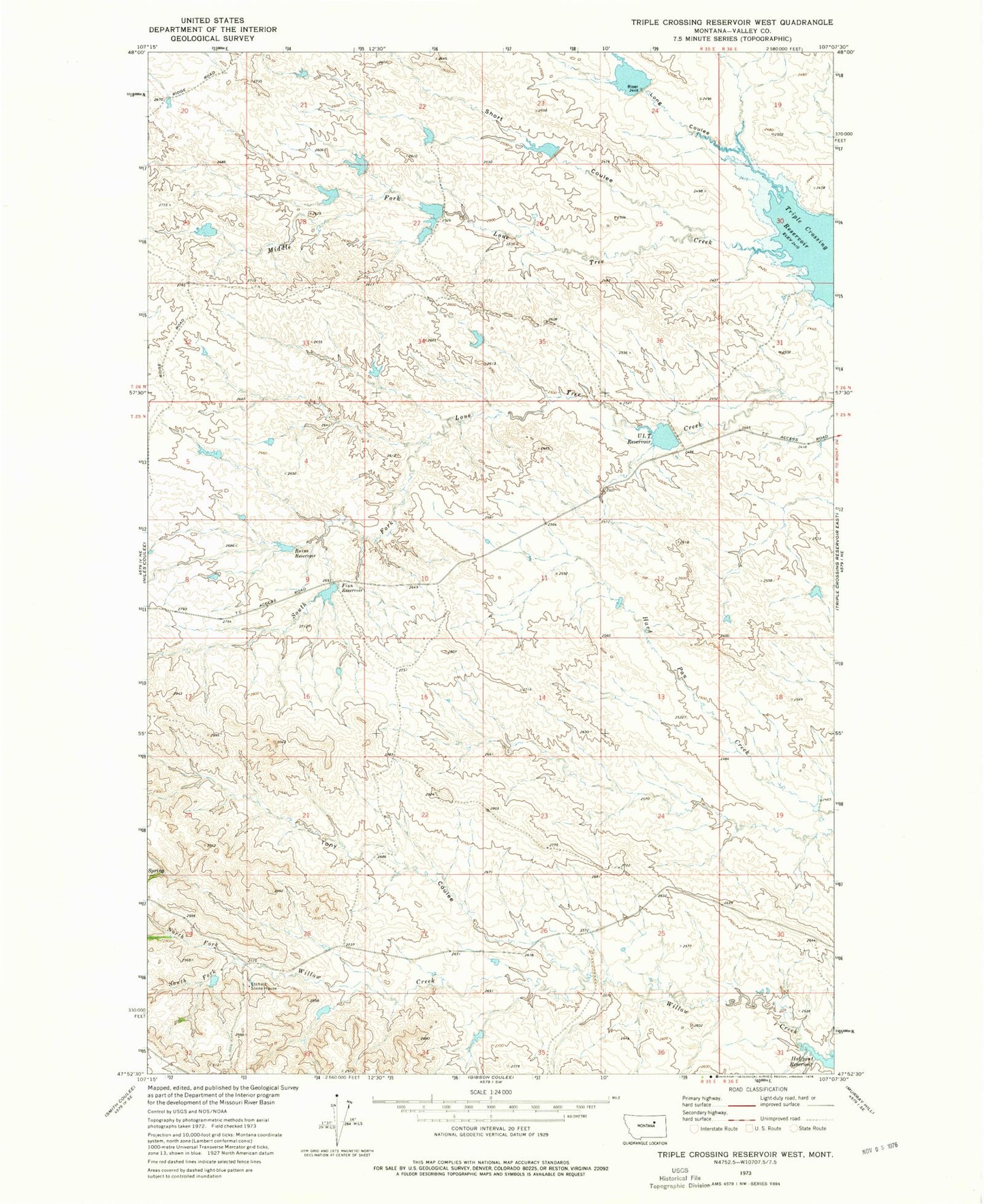 Classic USGS Triple Crossing Reservoir West Montana 7.5'x7.5' Topo Map Image