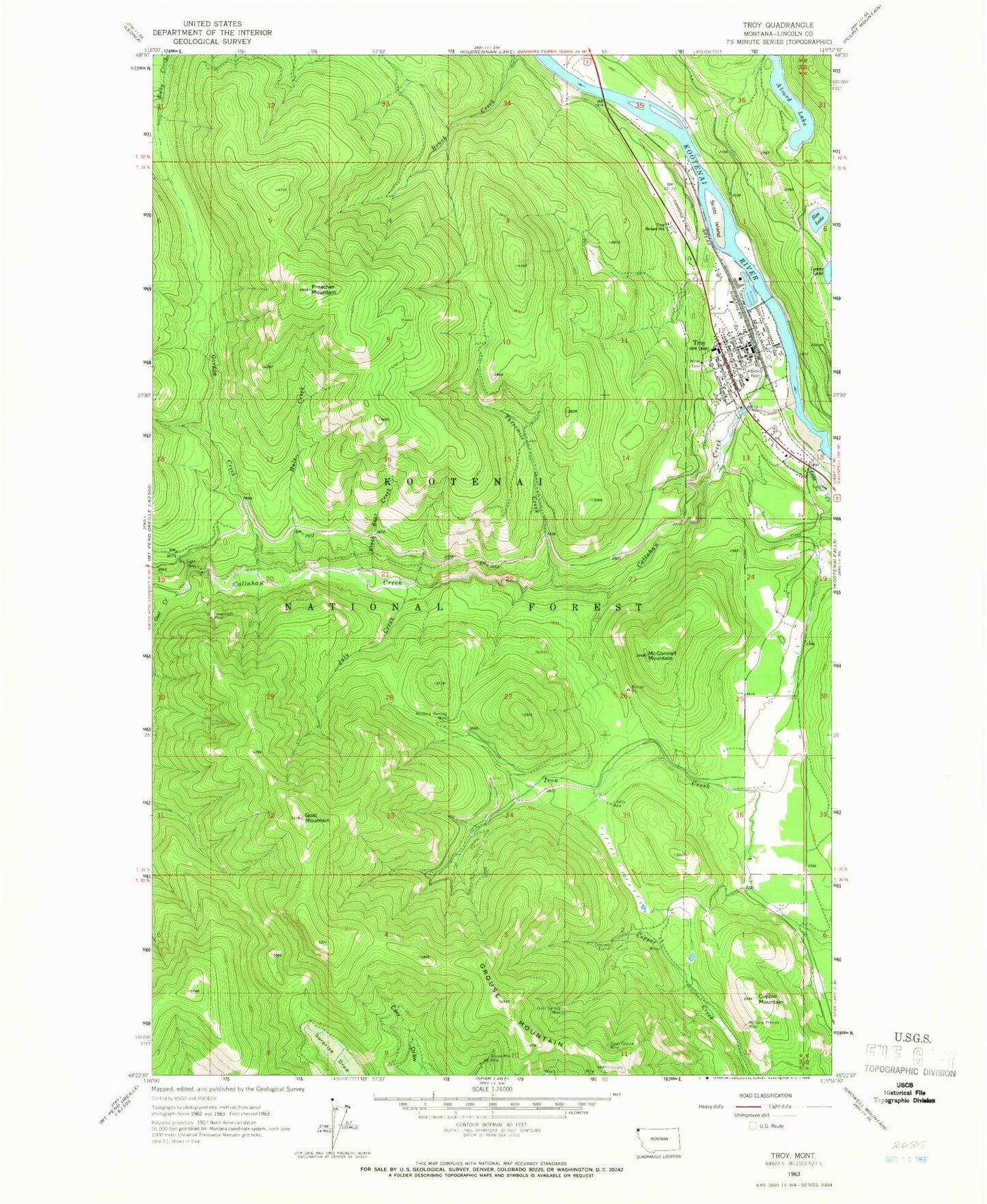 Classic USGS Troy Montana 7.5'x7.5' Topo Map Image