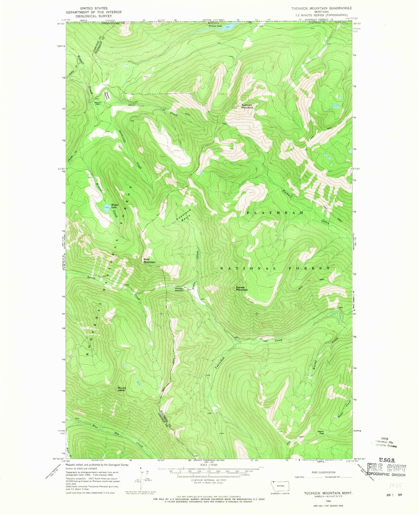 Classic USGS Tuchuck Mountain Montana 7.5'x7.5' Topo Map Image