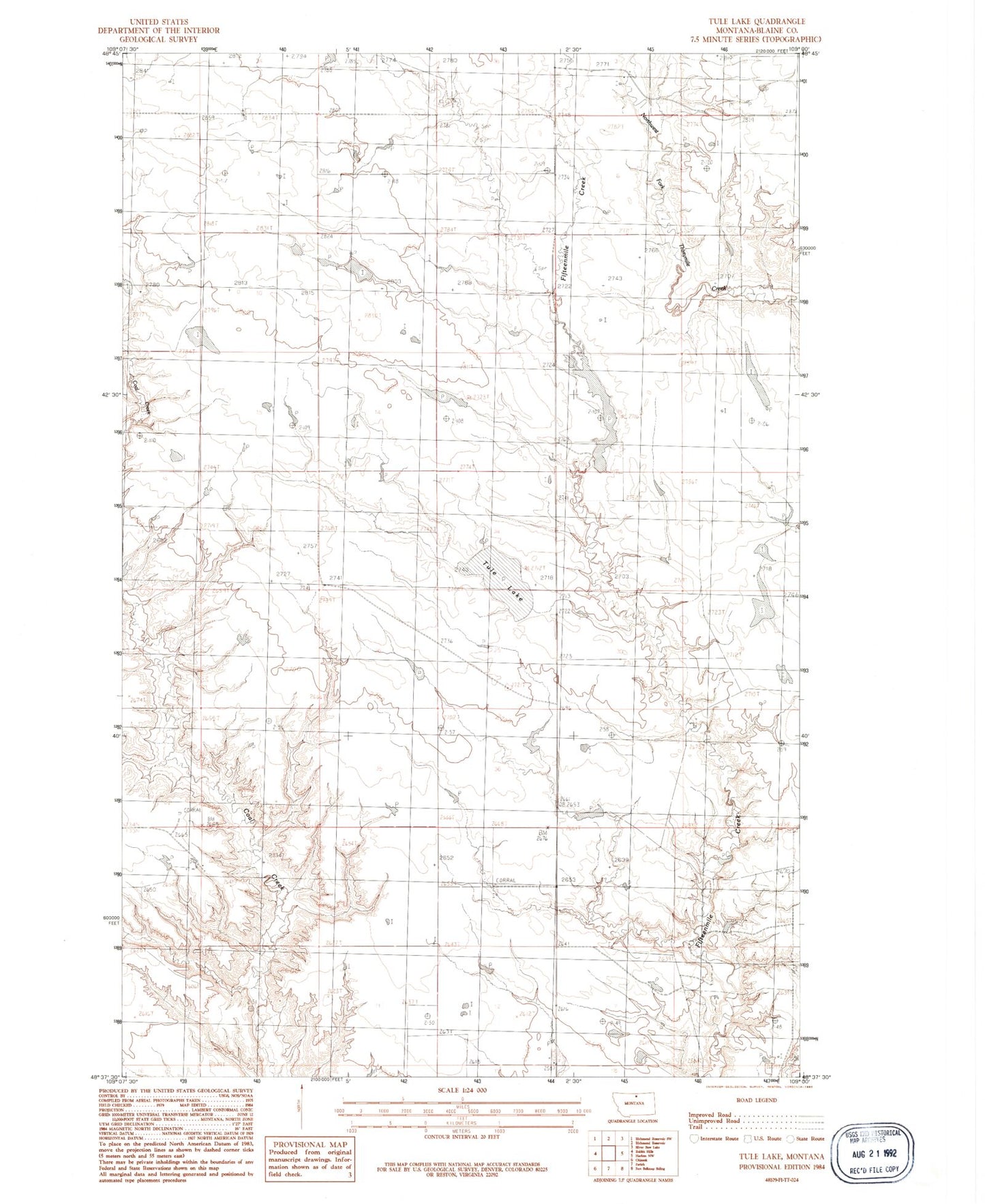 Classic USGS Tule Lake Montana 7.5'x7.5' Topo Map Image