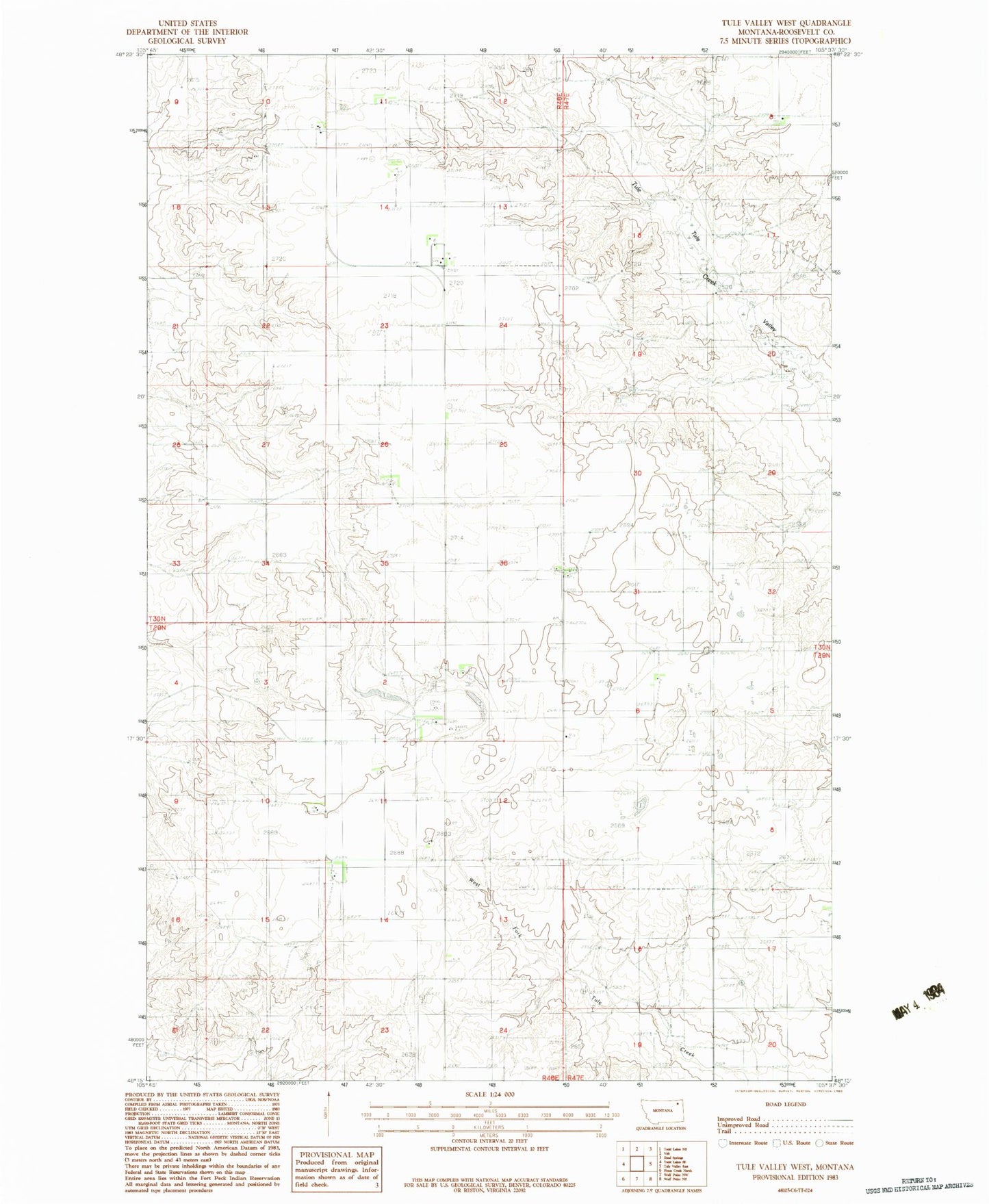 Classic USGS Tule Valley West Montana 7.5'x7.5' Topo Map Image