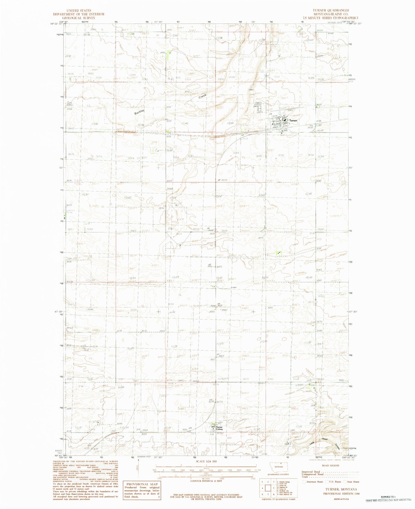 Classic USGS Turner Montana 7.5'x7.5' Topo Map Image