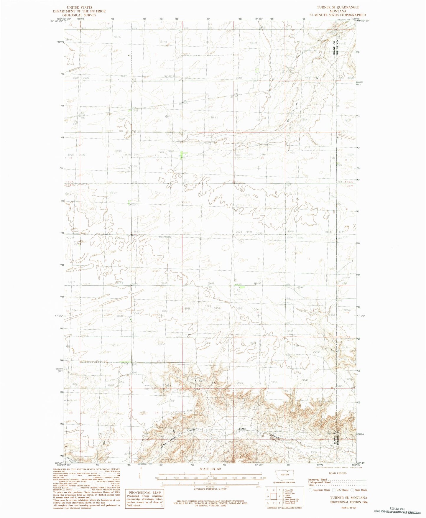 Classic USGS Turner SE Montana 7.5'x7.5' Topo Map Image