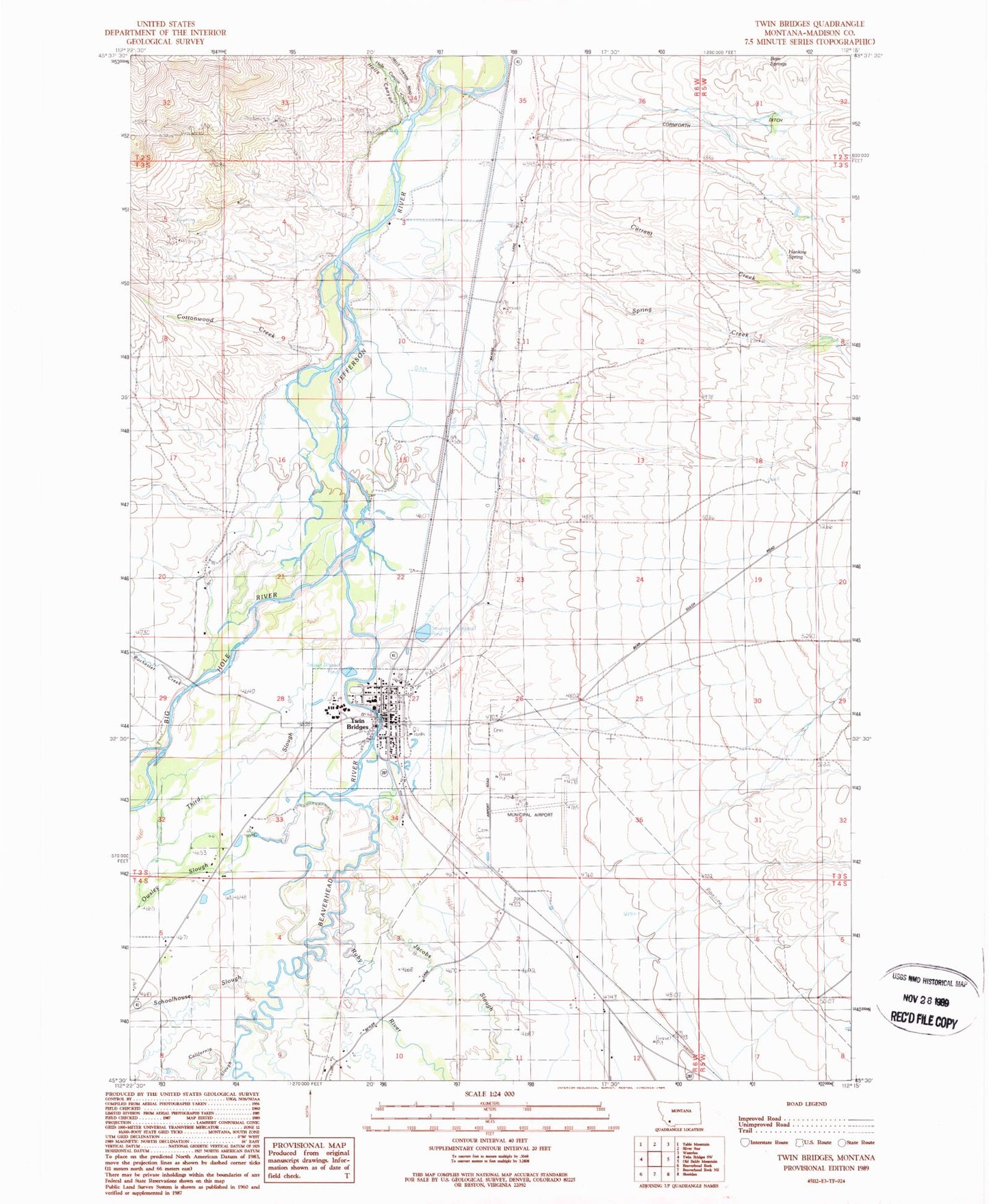 Classic USGS Twin Bridges Montana 7.5'x7.5' Topo Map Image