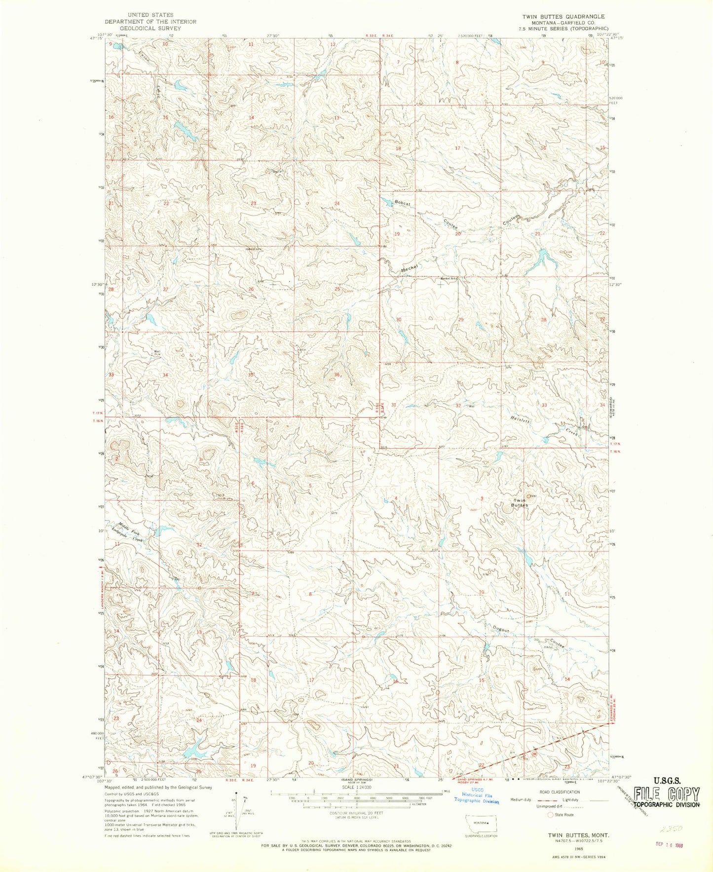 Classic USGS Twin Buttes Montana 7.5'x7.5' Topo Map Image