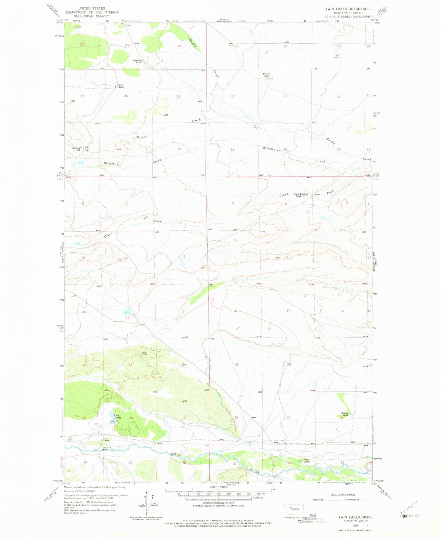 Classic USGS Twin Lakes Montana 7.5'x7.5' Topo Map Image