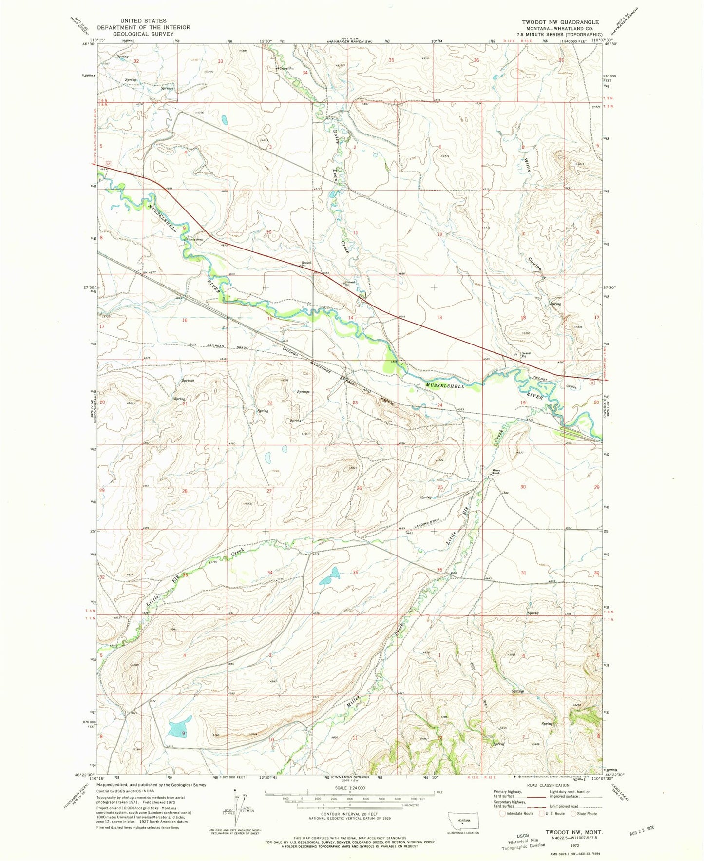 Classic USGS Twodot NW Montana 7.5'x7.5' Topo Map Image