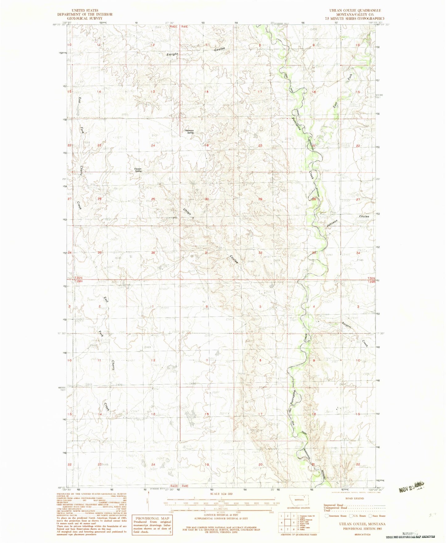 Classic USGS Uhlan Coulee Montana 7.5'x7.5' Topo Map Image