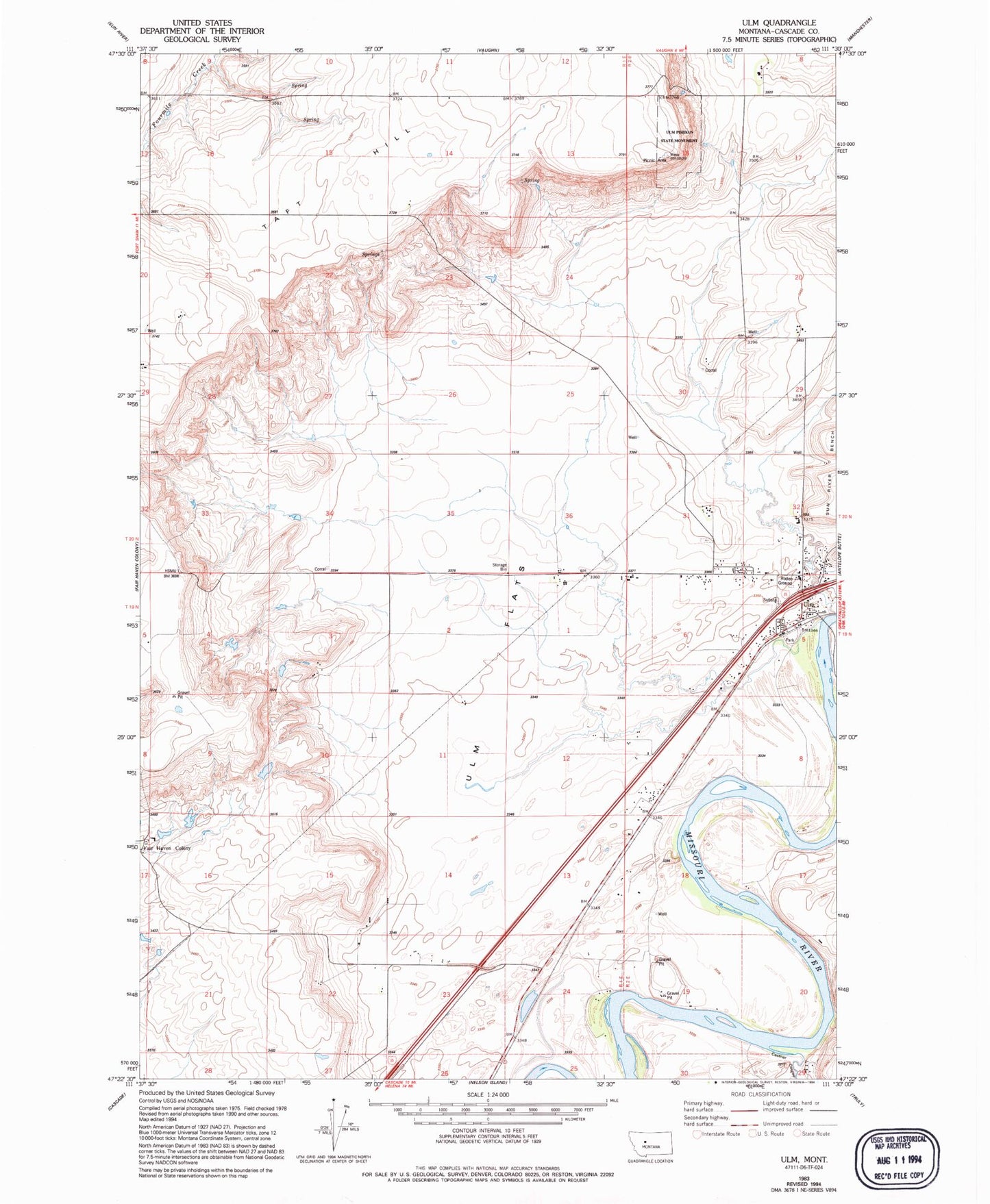Classic USGS Ulm Montana 7.5'x7.5' Topo Map Image