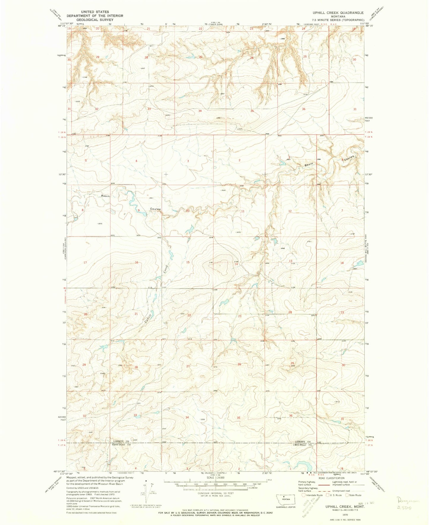 Classic USGS Uphill Creek Montana 7.5'x7.5' Topo Map Image
