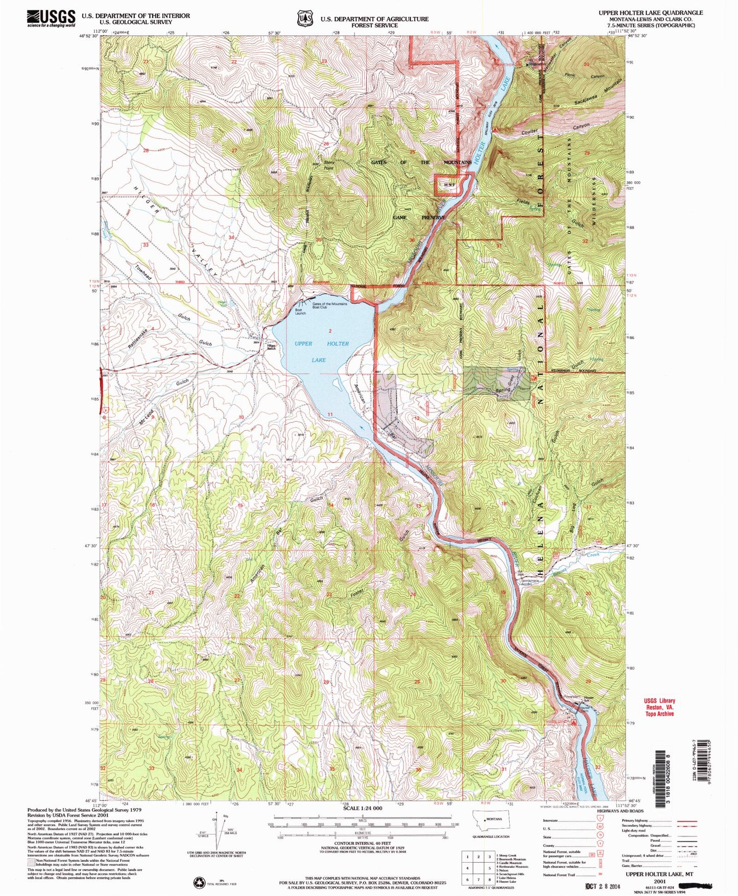 Classic USGS Upper Holter Lake Montana 7.5'x7.5' Topo Map Image