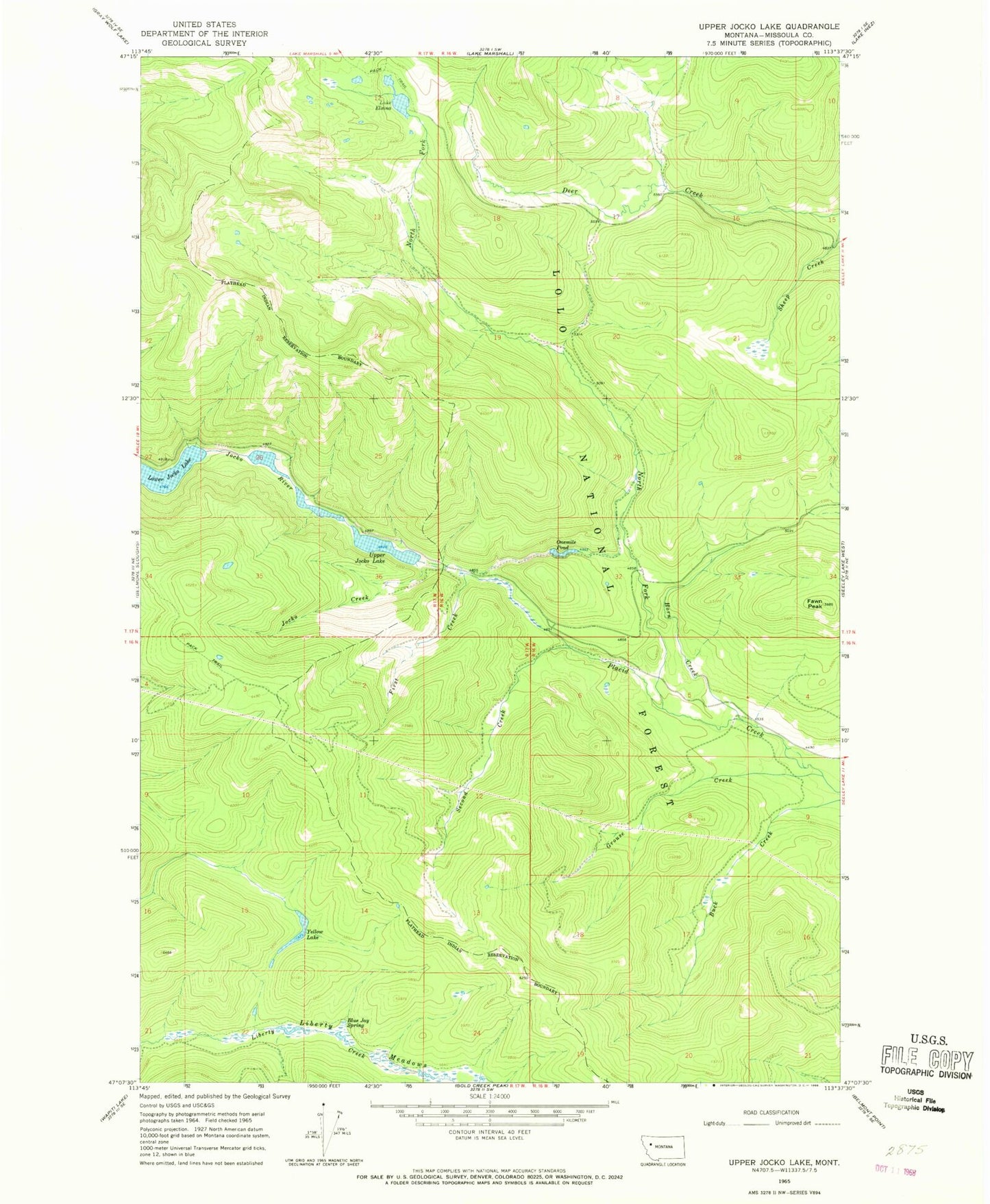 Classic USGS Upper Jocko Lake Montana 7.5'x7.5' Topo Map Image