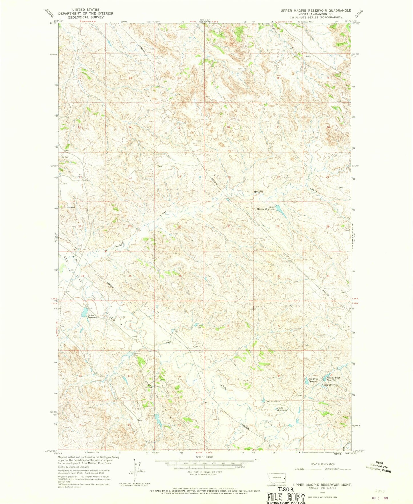 Classic USGS Upper Magpie Reservoir Montana 7.5'x7.5' Topo Map Image