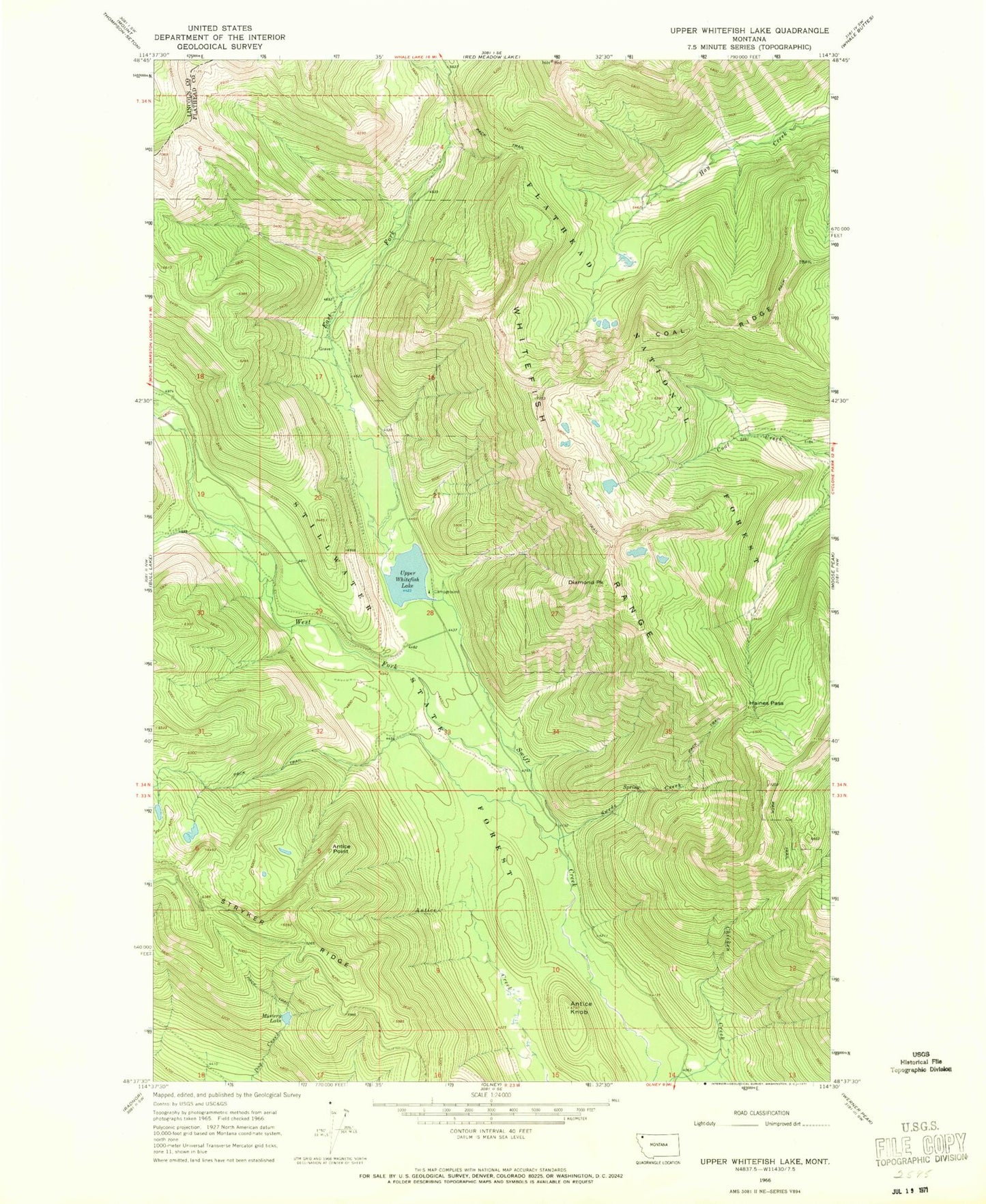 Classic USGS Upper Whitefish Lake Montana 7.5'x7.5' Topo Map Image
