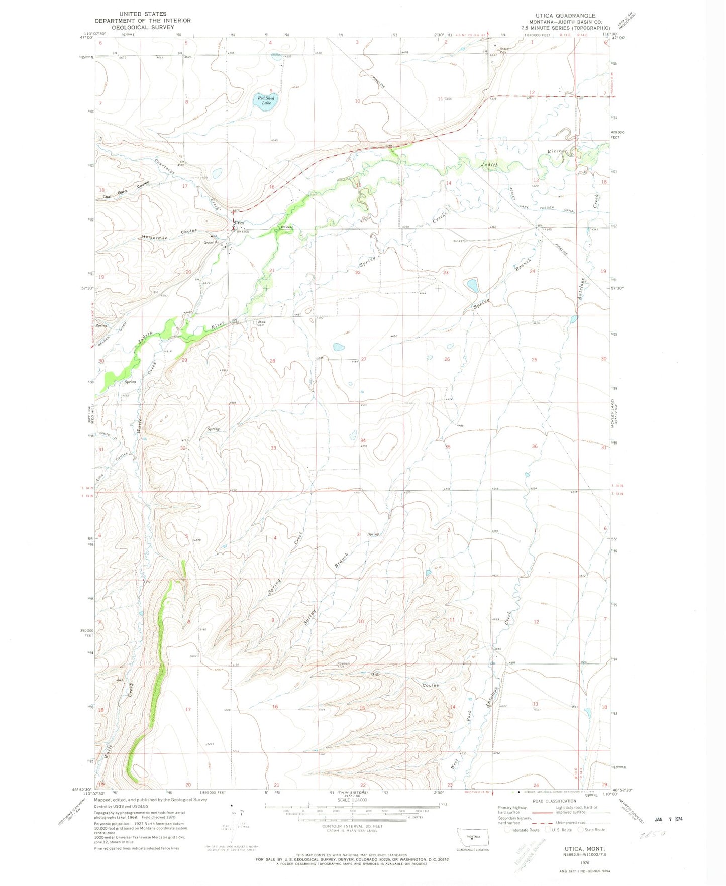 Classic USGS Utica Montana 7.5'x7.5' Topo Map Image
