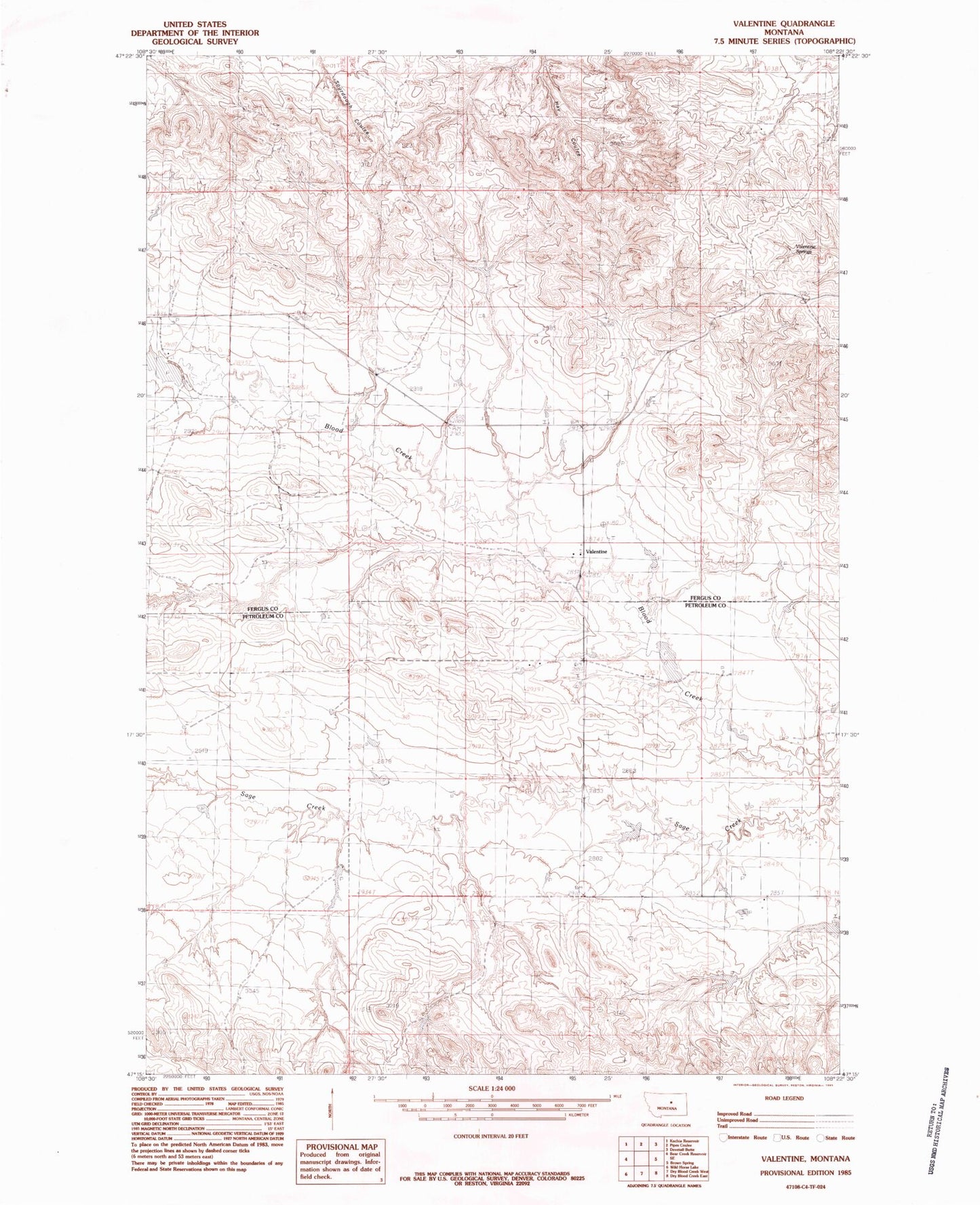 Classic USGS Valentine Montana 7.5'x7.5' Topo Map Image