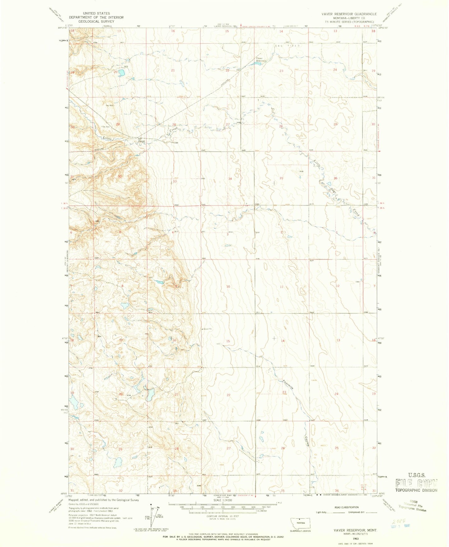 Classic USGS Vaver Reservoir Montana 7.5'x7.5' Topo Map Image