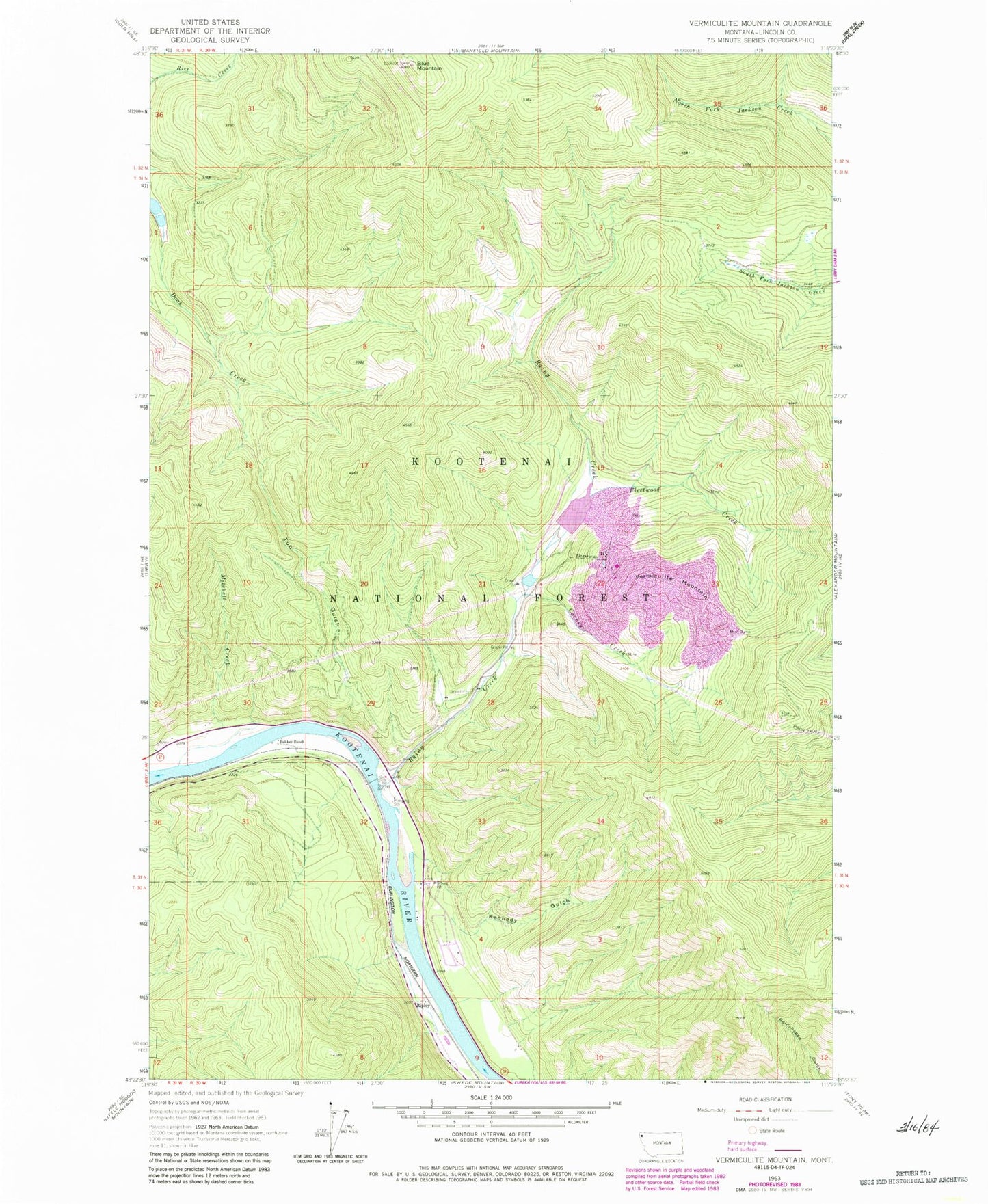 Classic USGS Vermiculite Mountain Montana 7.5'x7.5' Topo Map Image