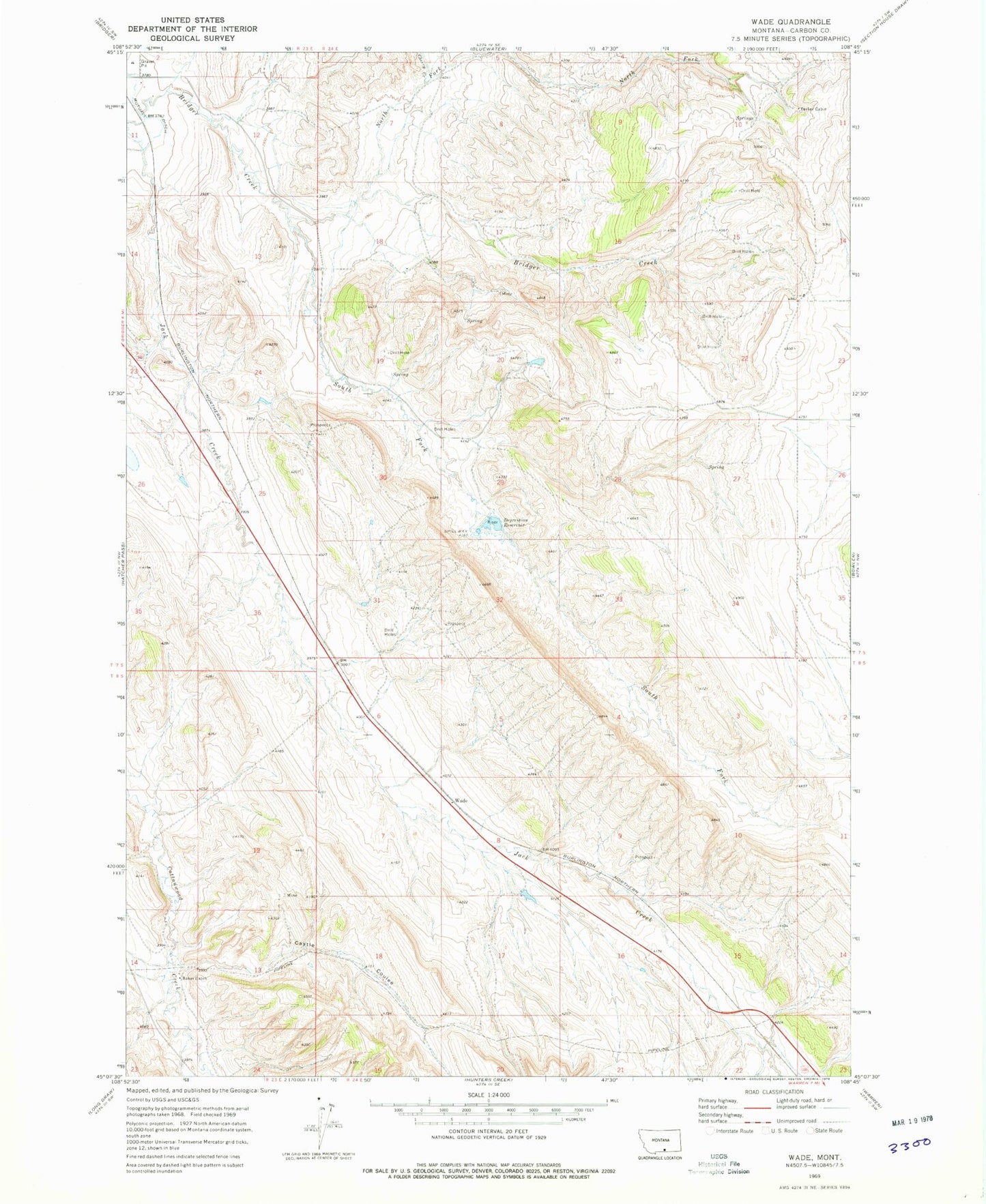 Classic USGS Wade Montana 7.5'x7.5' Topo Map Image