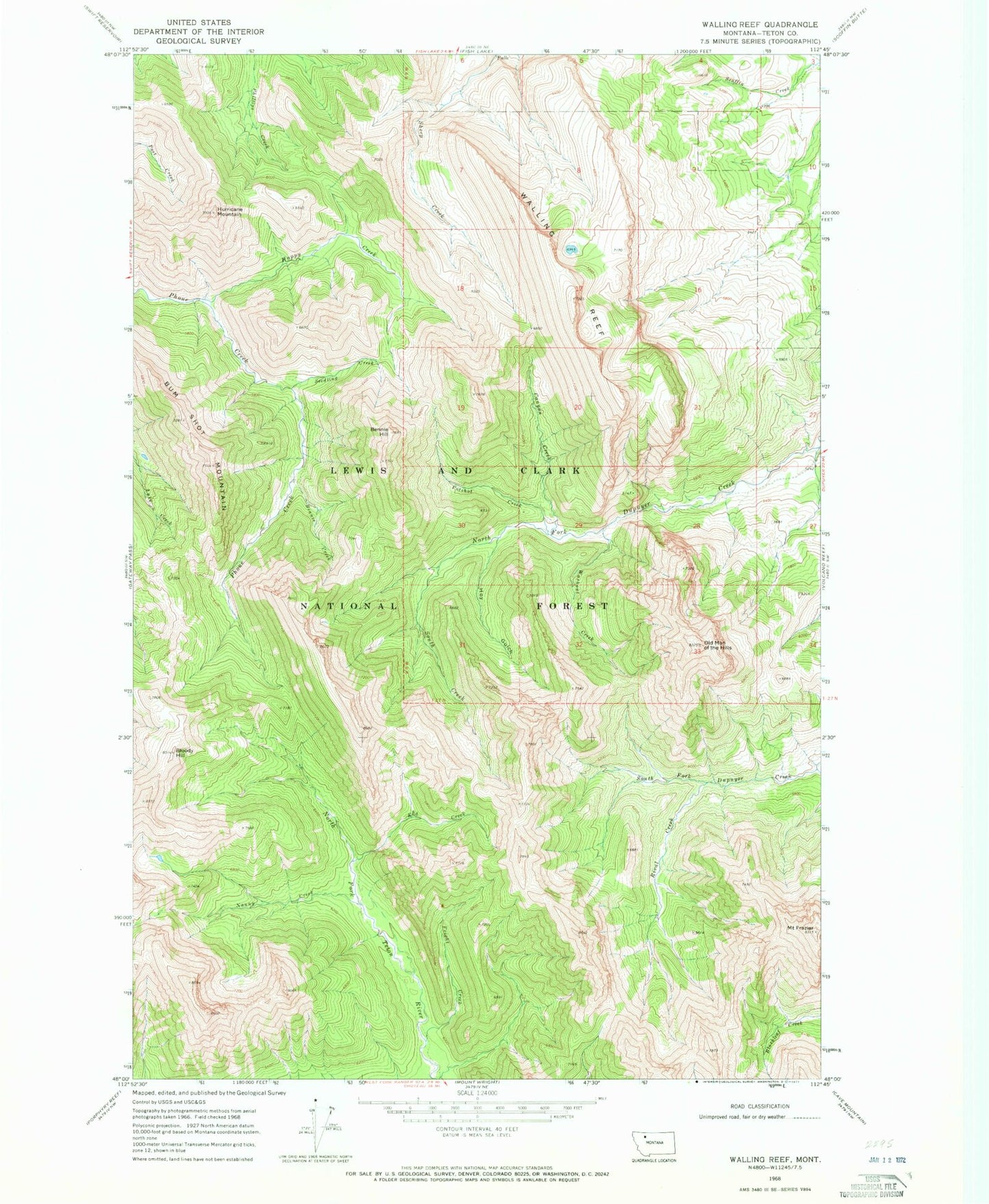 Classic USGS Walling Reef Montana 7.5'x7.5' Topo Map Image