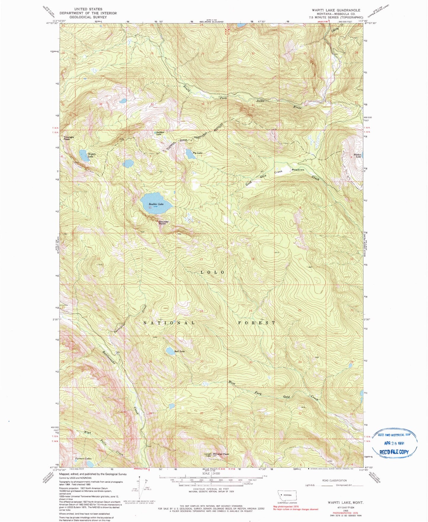 Classic USGS Wapiti Lake Montana 7.5'x7.5' Topo Map Image