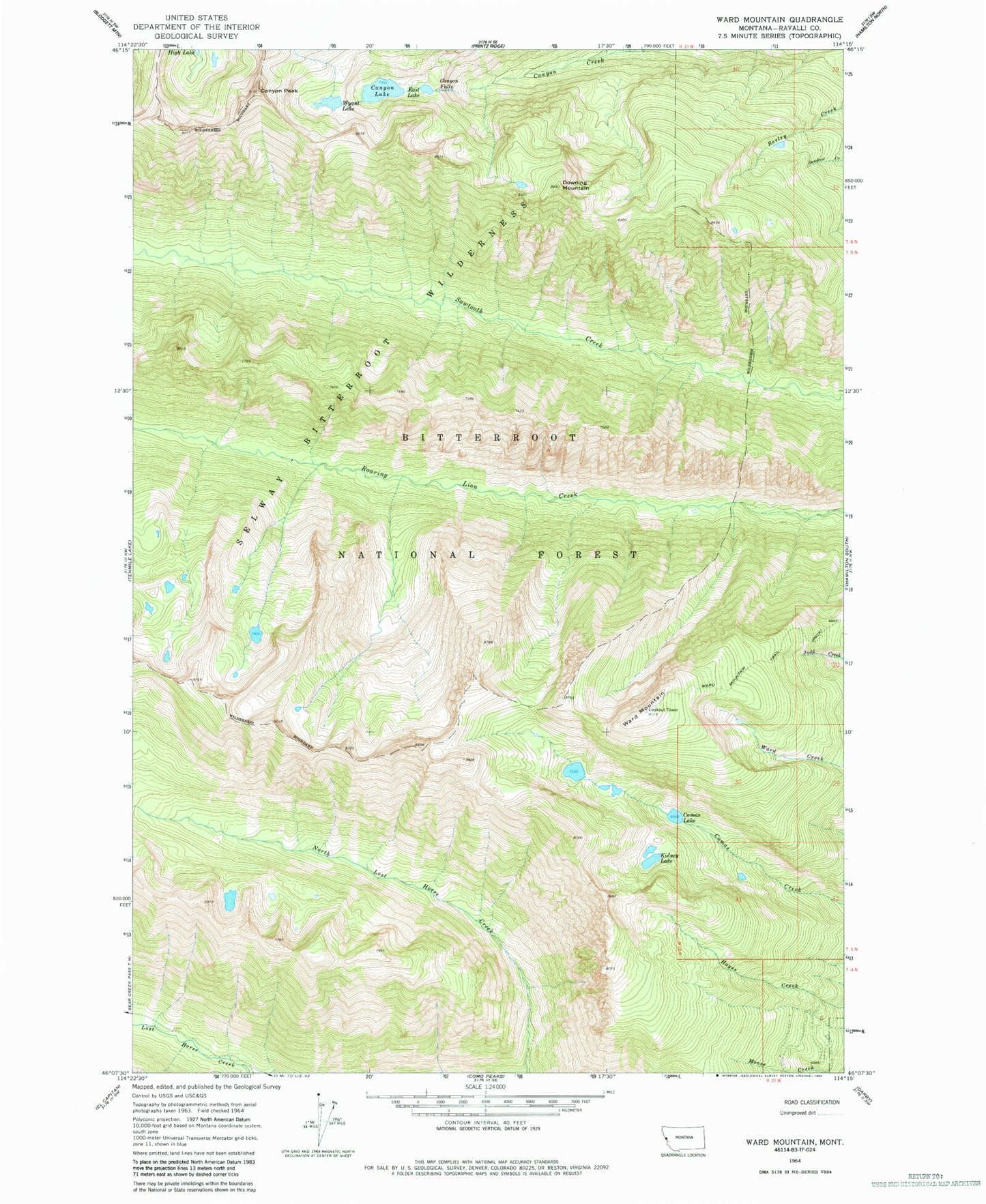 Classic USGS Ward Mountain Montana 7.5'x7.5' Topo Map Image
