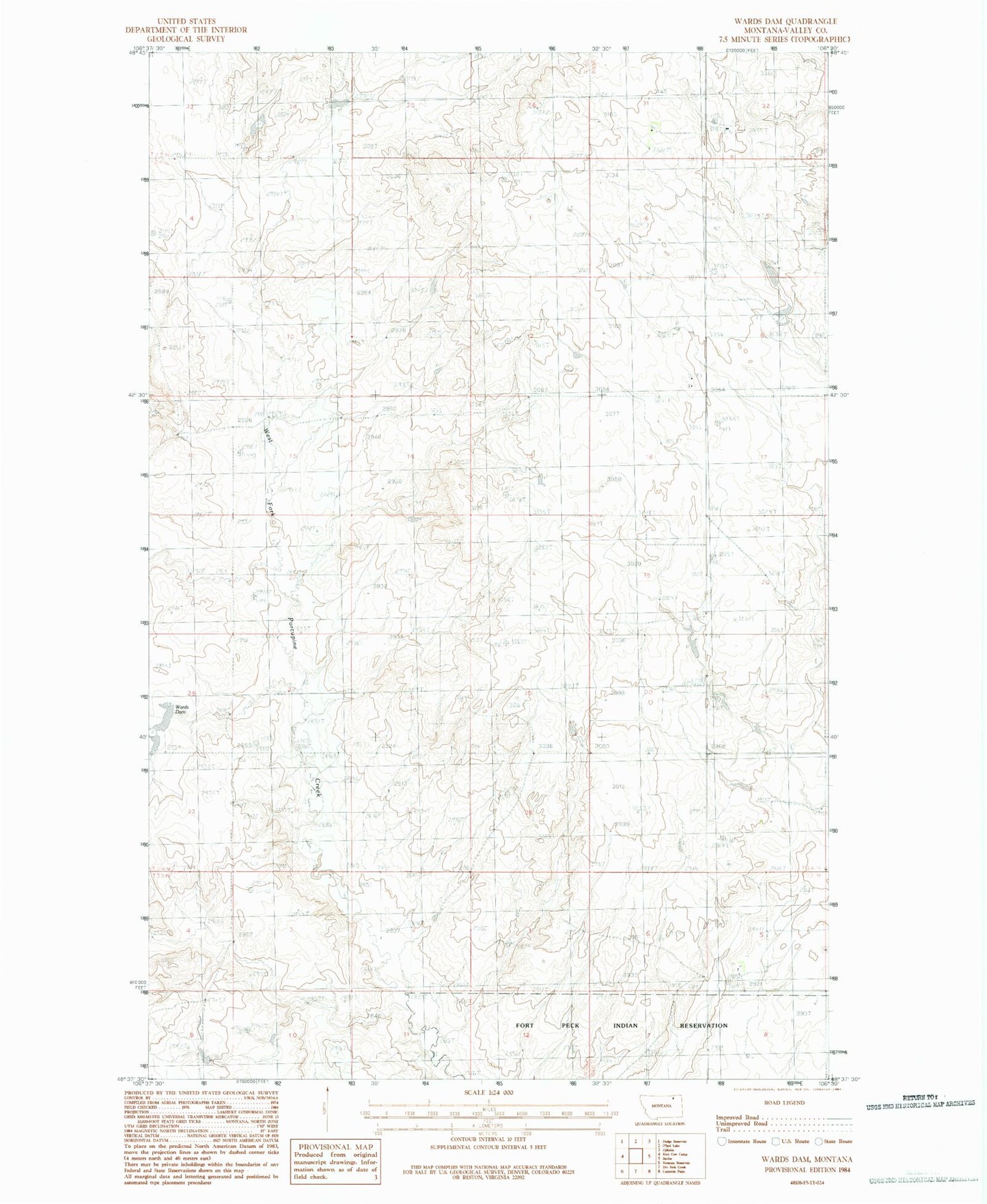 Classic USGS Wards Dam Montana 7.5'x7.5' Topo Map Image