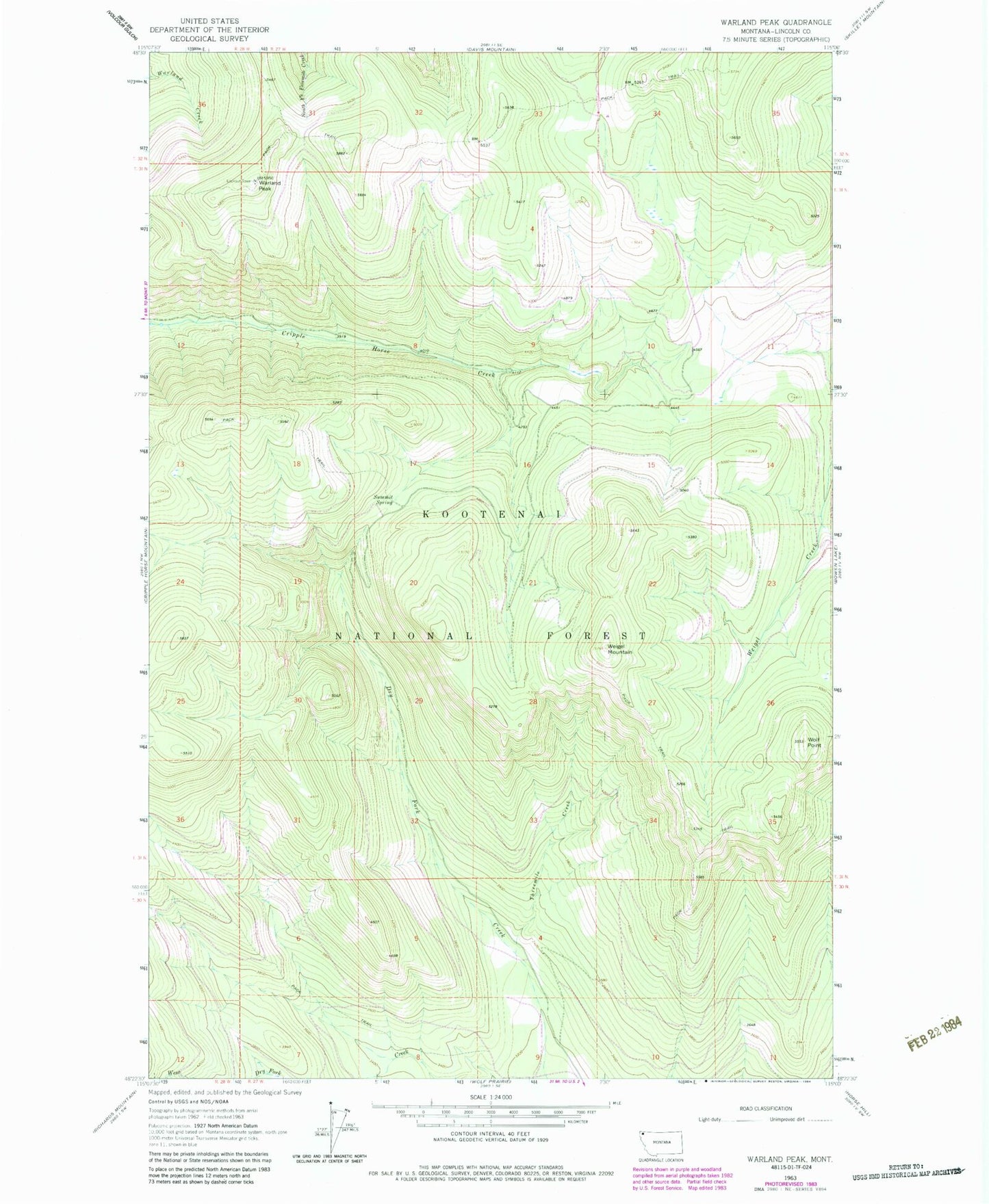 Classic USGS Warland Peak Montana 7.5'x7.5' Topo Map Image