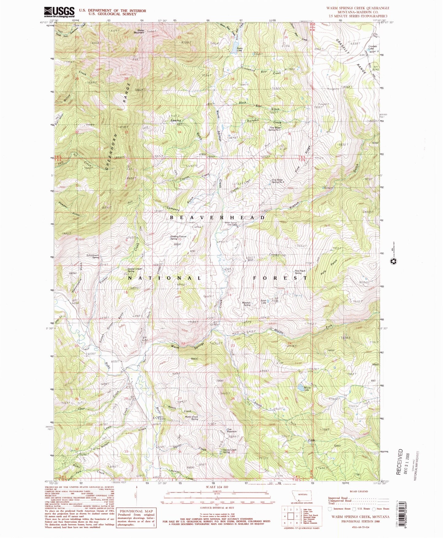 Classic USGS Warm Springs Creek Montana 7.5'x7.5' Topo Map Image