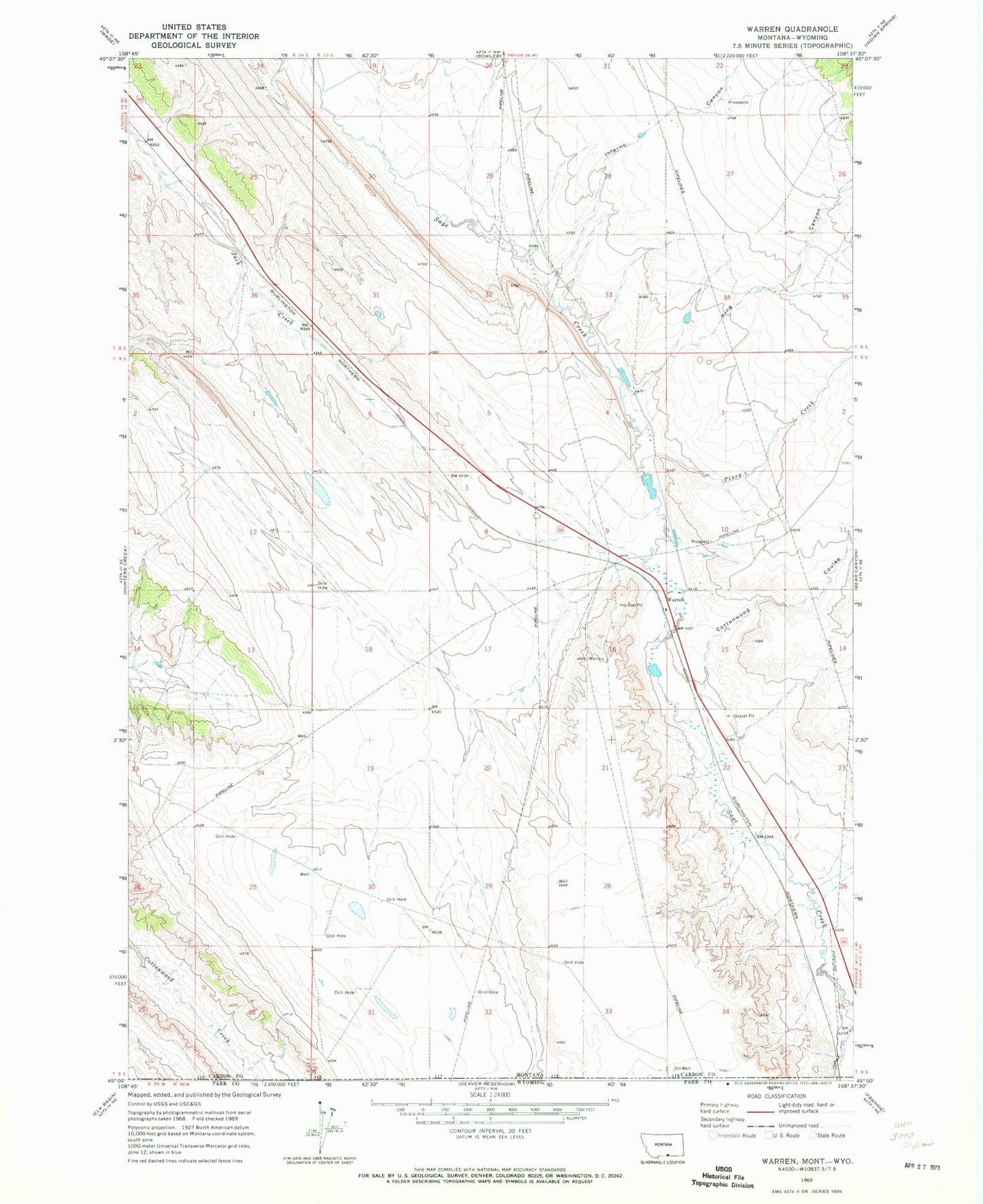 Classic USGS Warren Montana 7.5'x7.5' Topo Map Image
