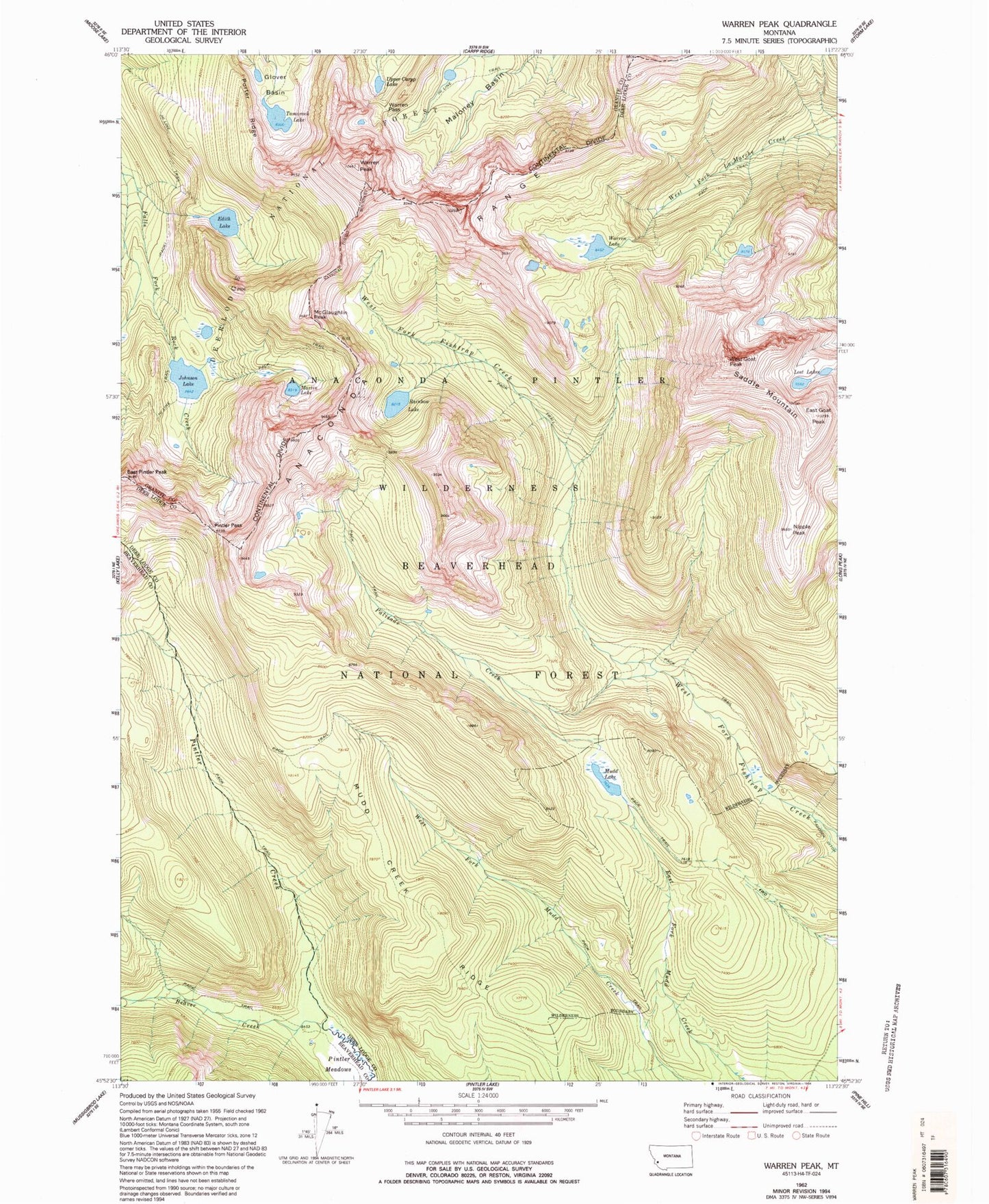 Classic USGS Warren Peak Montana 7.5'x7.5' Topo Map Image