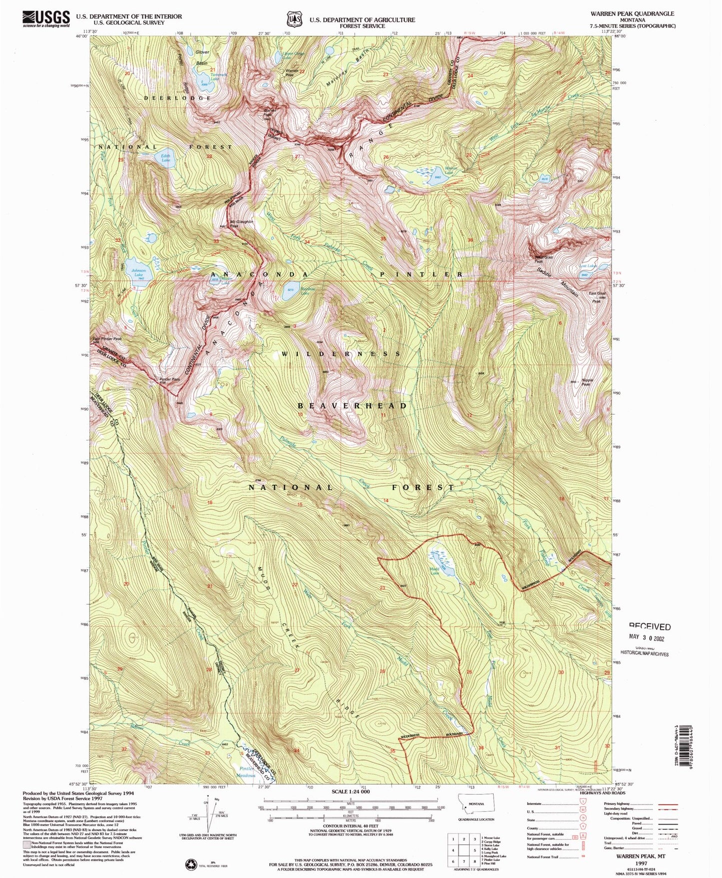 Classic USGS Warren Peak Montana 7.5'x7.5' Topo Map Image
