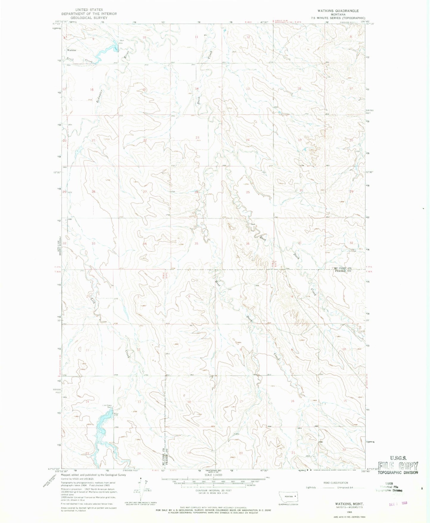 Classic USGS Watkins Montana 7.5'x7.5' Topo Map Image